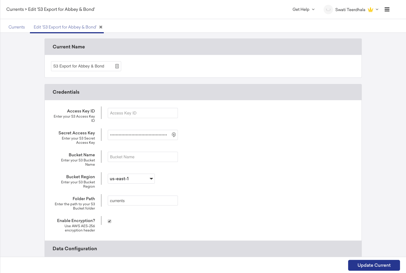 A user interface for exporting data, featuring fields for access key, secret access key, bucket name, region, folder path, and encryption options. The layout includes buttons for updating the current settings.