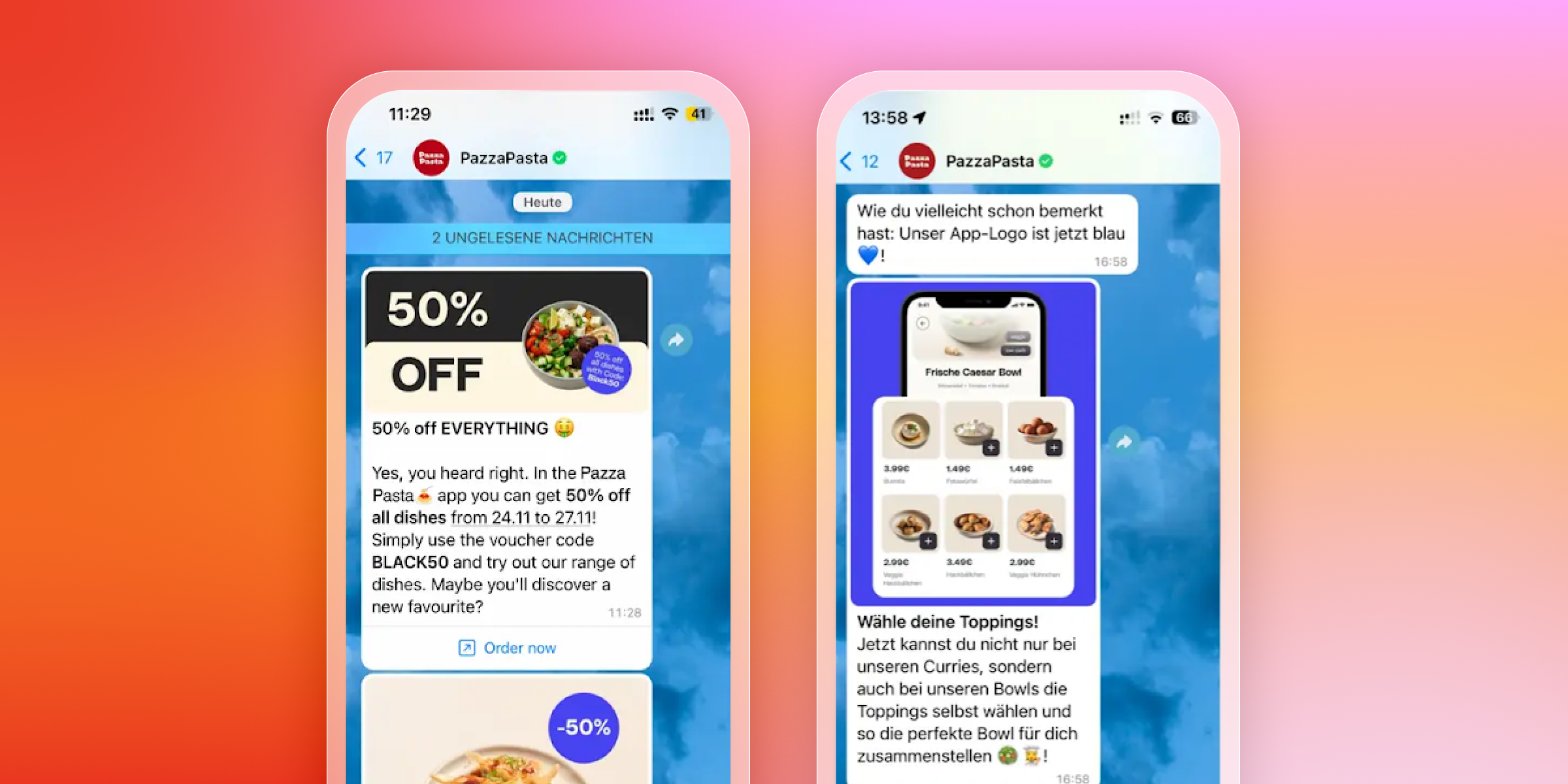 a screenshot of a pizza pasta app on a phone