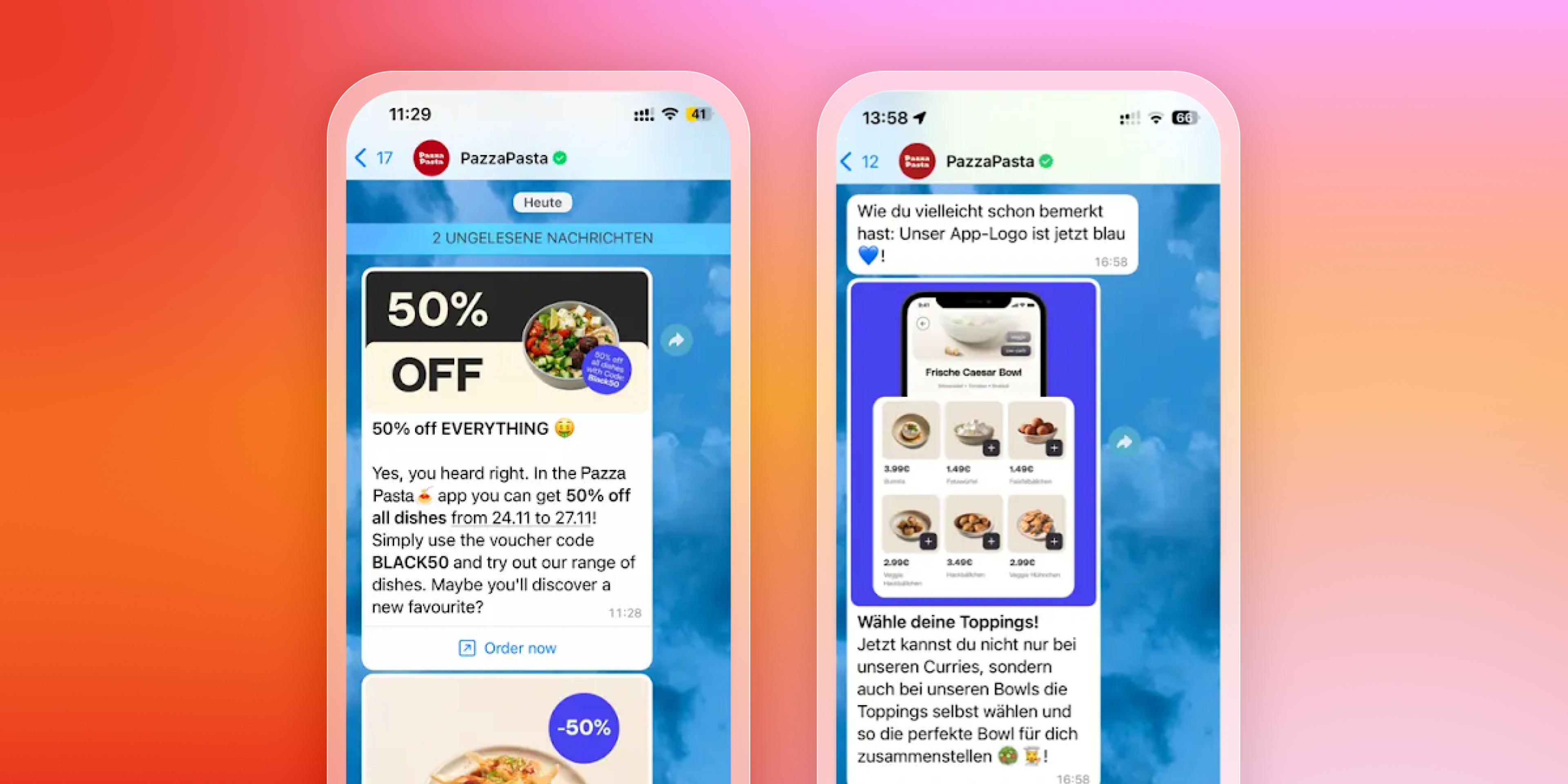 a screenshot of a pizza pasta app on a phone