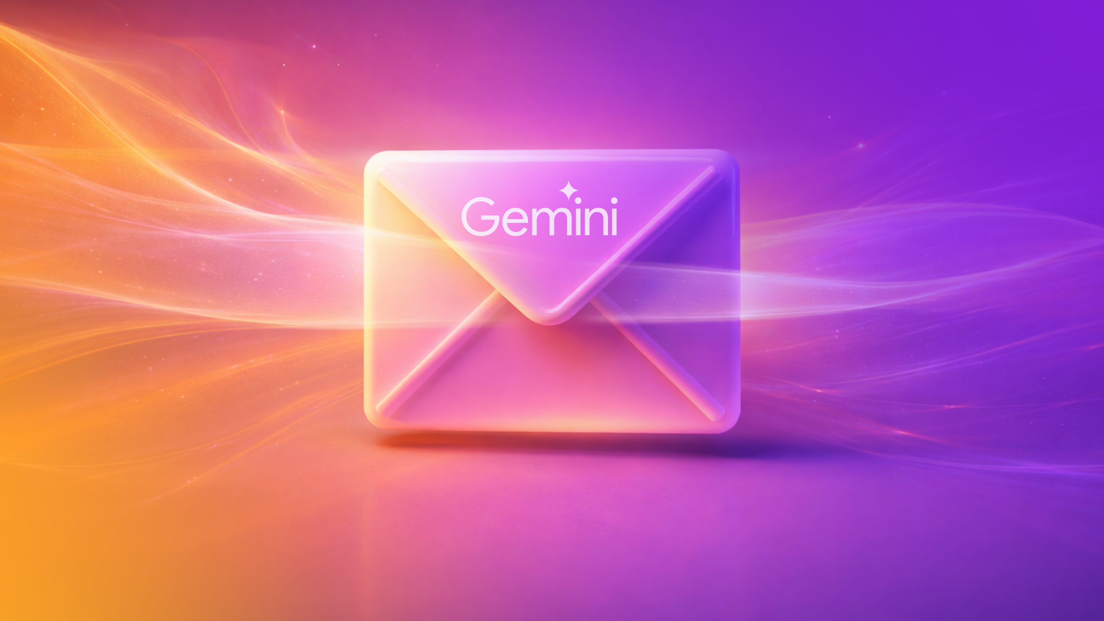 An iridescent email envelope with "Gemini" text, centered on a background of orange and purple light trails.