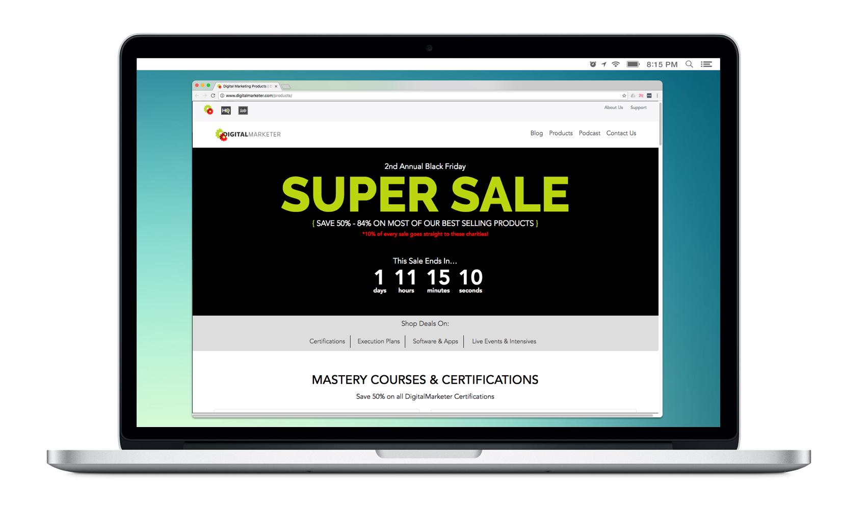 A laptop screen displaying a promotional webpage for a Super Sale with a countdown timer indicating time left for the sale. The page highlights discounts on best-selling products and offers mastery courses and certifications.
