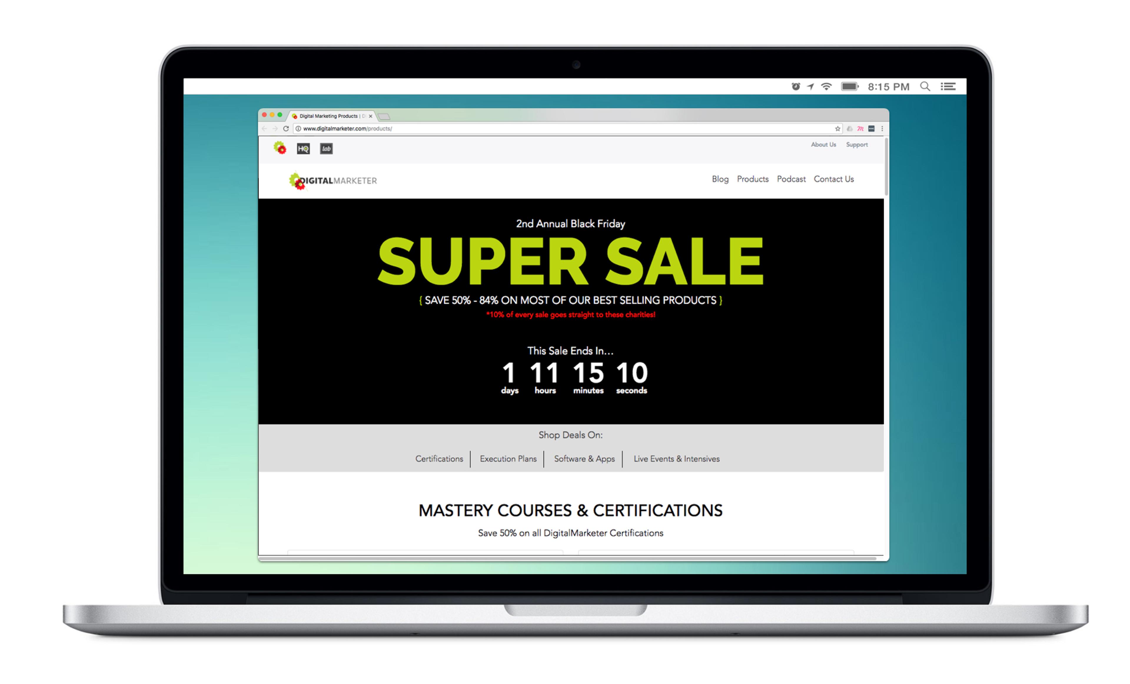 A laptop screen displaying a promotional webpage for a Super Sale with a countdown timer indicating time left for the sale. The page highlights discounts on best-selling products and offers mastery courses and certifications.