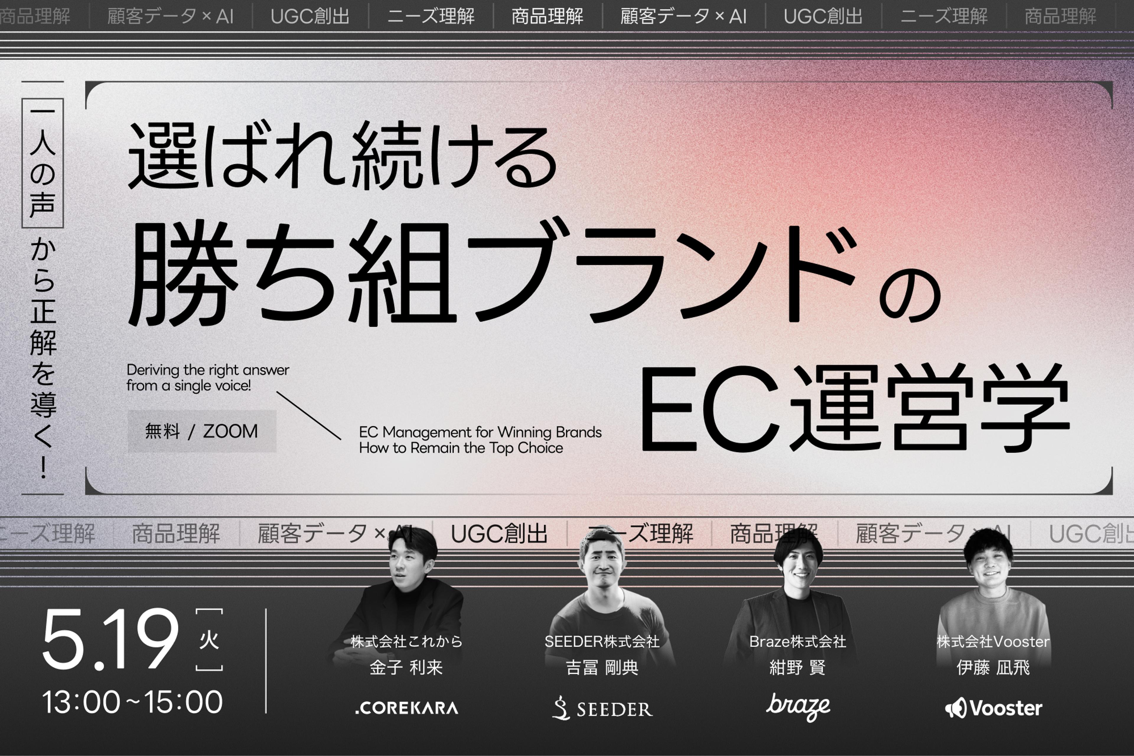 ＼“一人の声”から正解を導く！／ 選ばれ続ける“勝ち組ブランド”のEC運営学 ～真のニーズの理解から商品開発・AI活用・UGC創出まで～のサムネイルで四人の登壇者がのっている