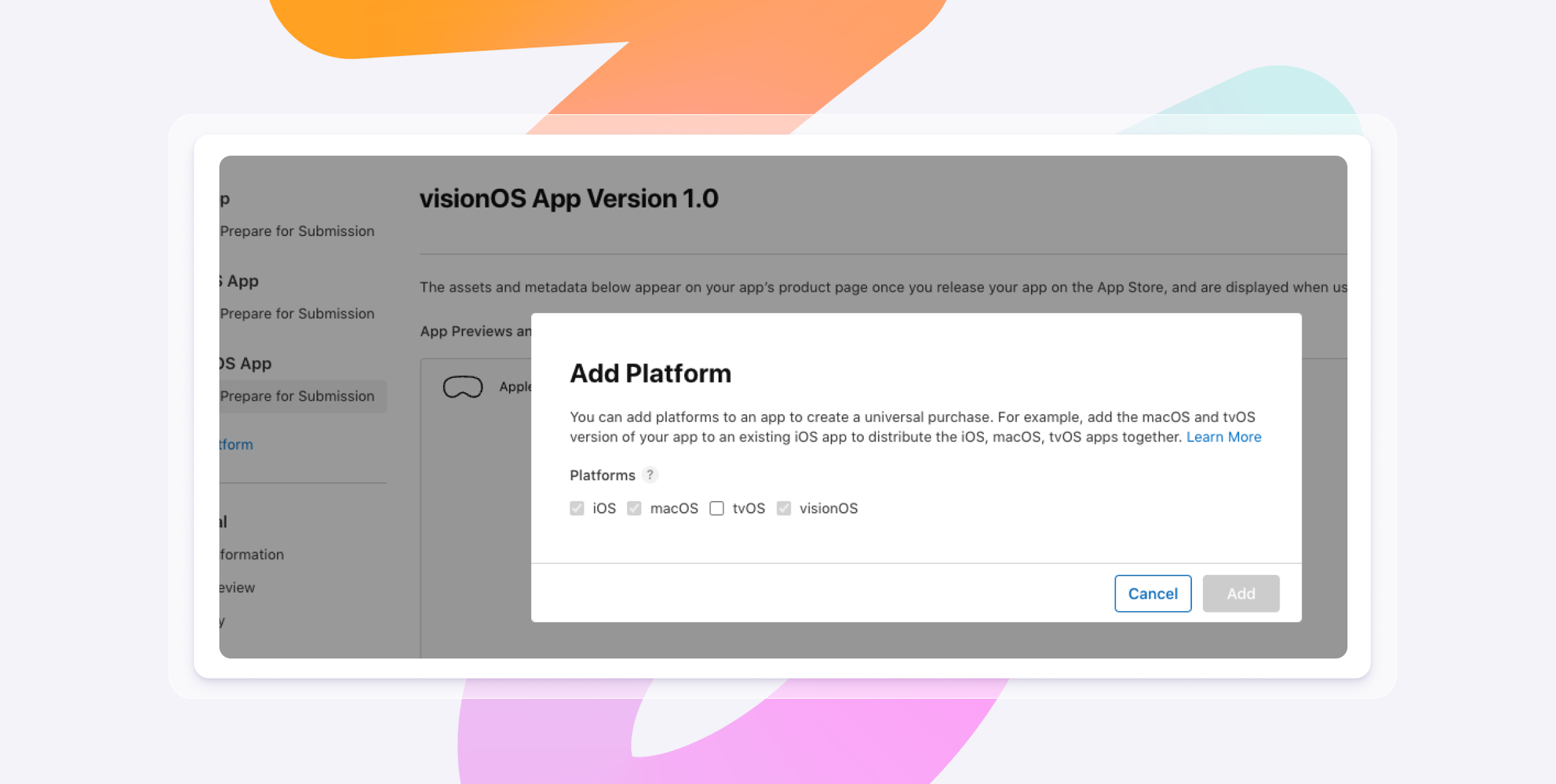 A screenshot of the visionOS App Version 1.0 interface, showing the option to add platforms for app distribution, including iOS, macOS, tvOS, and visionOS.