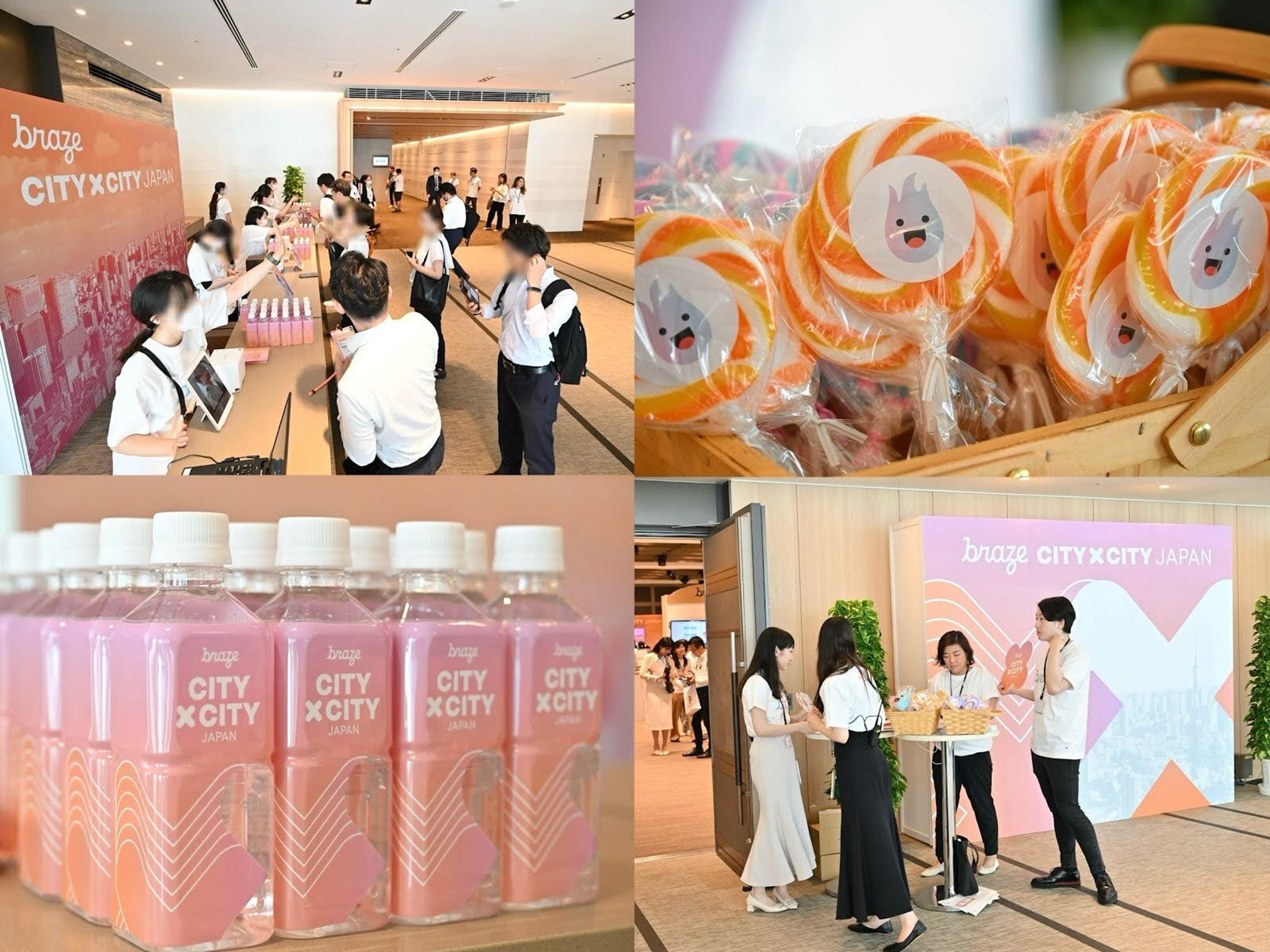 イベント会場の様子。参加者がブースで交流し、飲料やお菓子が並んでいる。