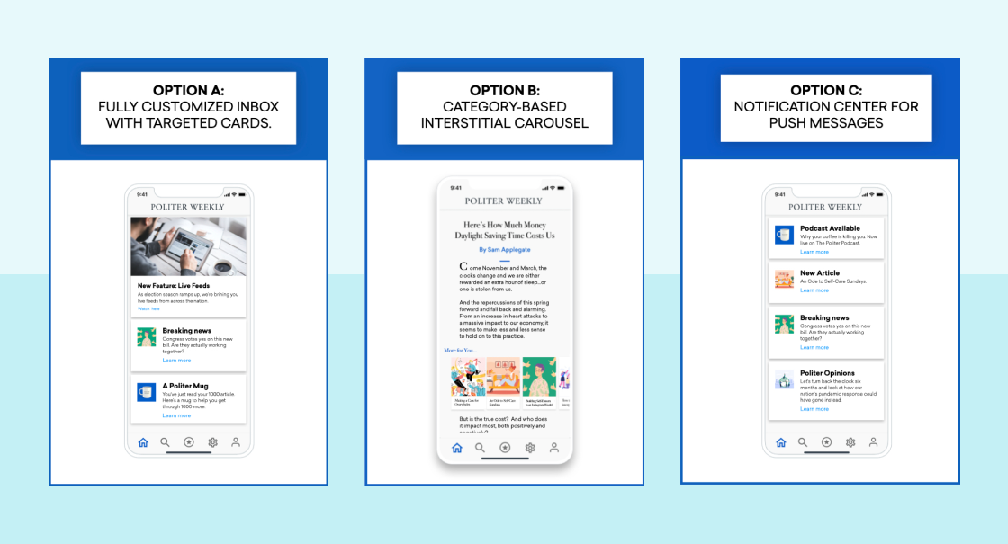 Three mobile app interface options for notifications: Option A features a customized inbox with targeted cards, Option B displays a category-based interstitial carousel, and Option C shows a notification center for push messages.