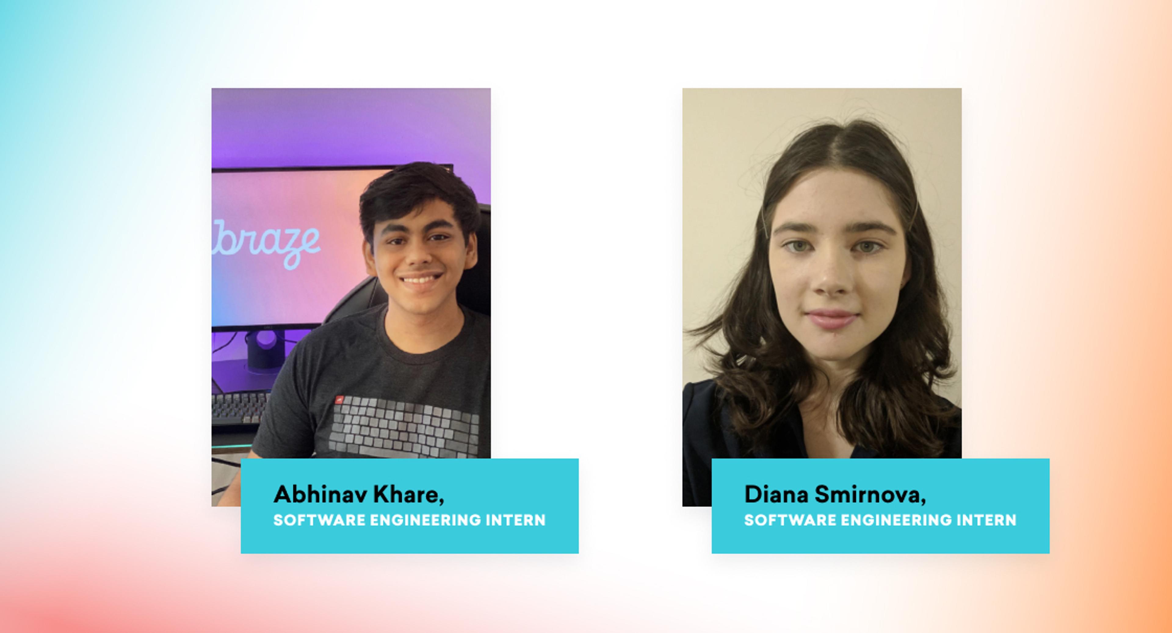 Two portraits of software engineering interns. The left shows Abhinav Khare smiling in front of a computer, while the right features Diana Smirnova with a neutral expression against a plain background.