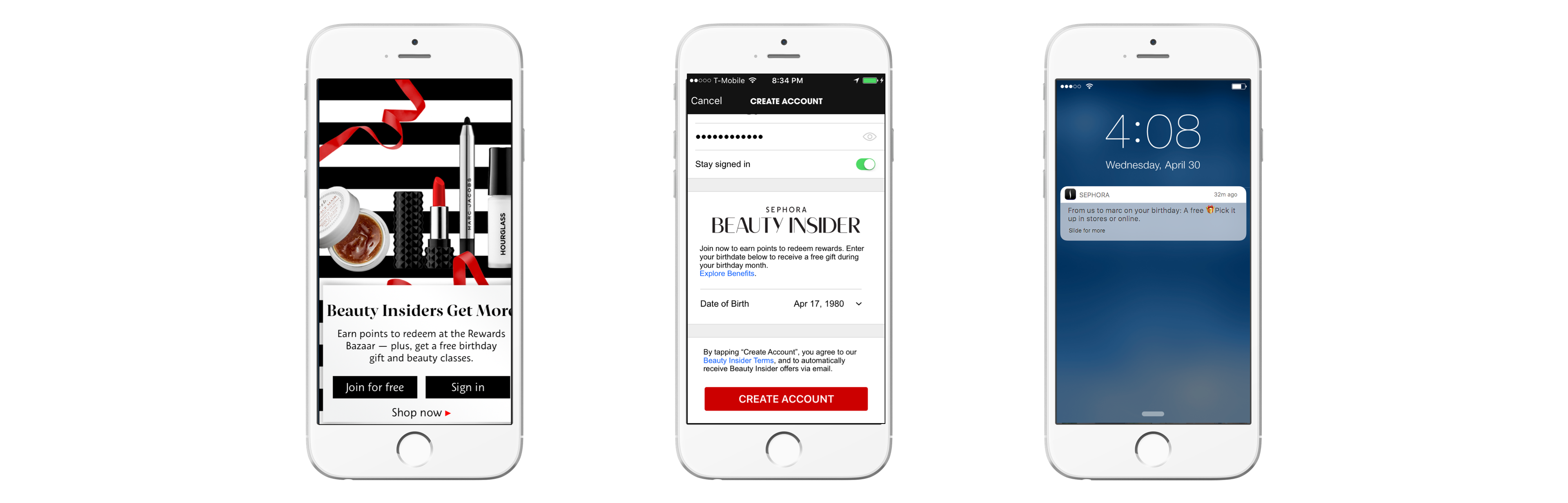 Three smartphone screens displaying a beauty app. The first screen promotes a beauty insider program, the second shows an account creation form, and the third displays a notification with the time.