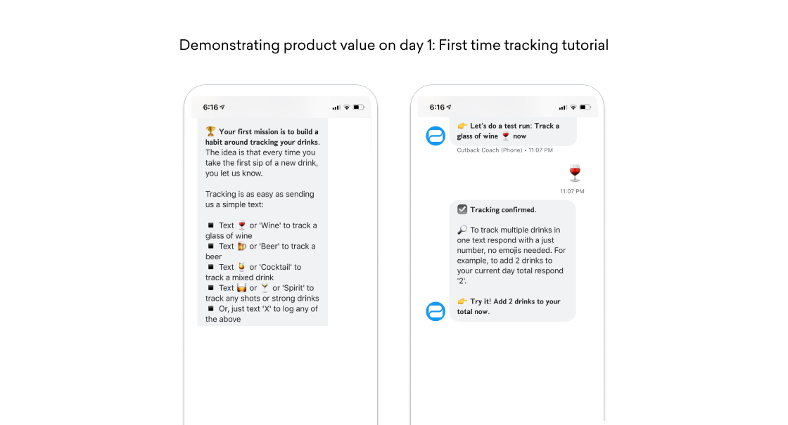Two smartphone screenshots show a drink-tracking app tutorial, explaining how to text different drink types with emojis and confirming tracking with example messages.