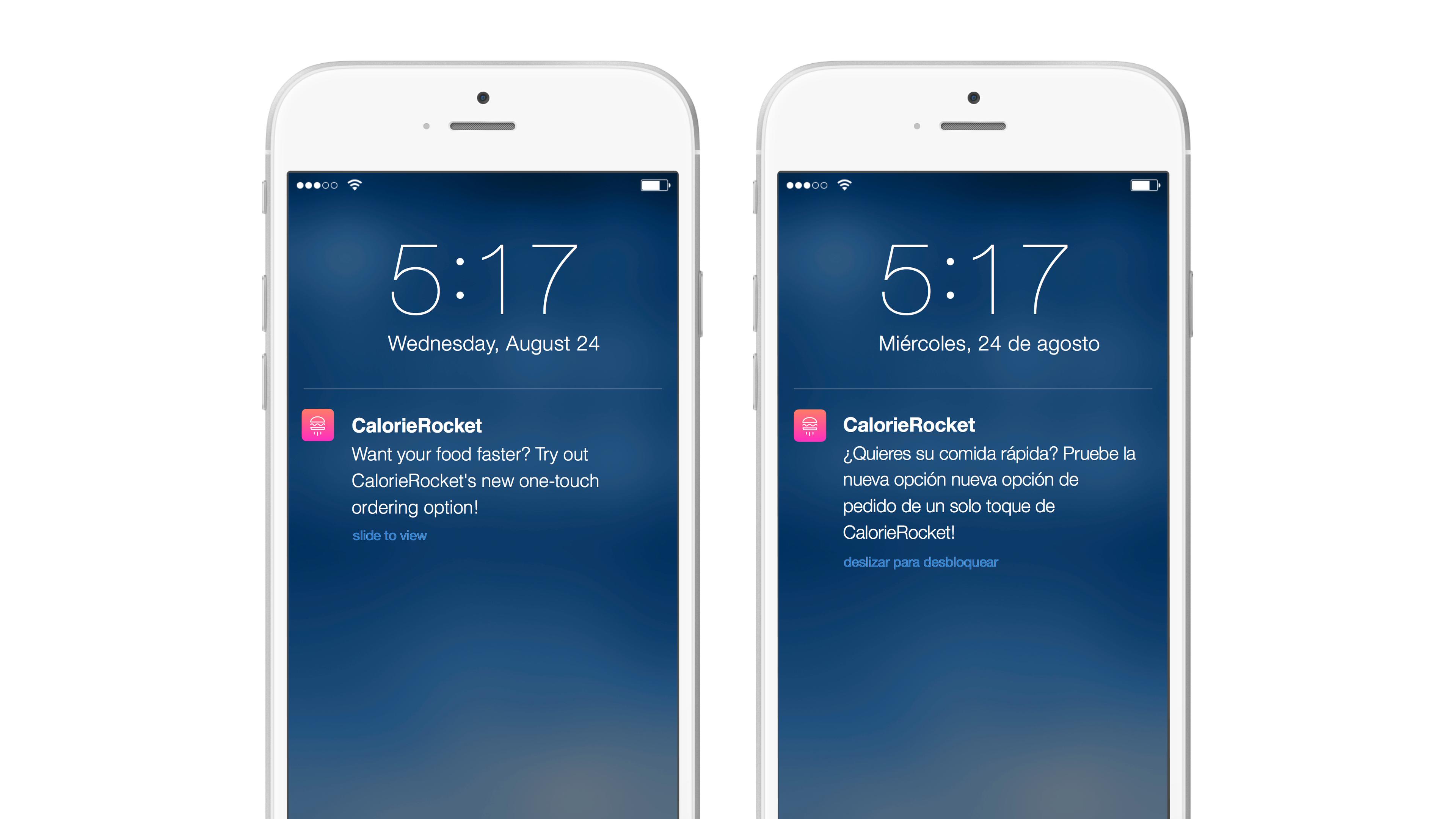 Two smartphones displaying notifications at 5:17. One shows an English message about a food ordering option, and the other displays a similar message in Spanish.