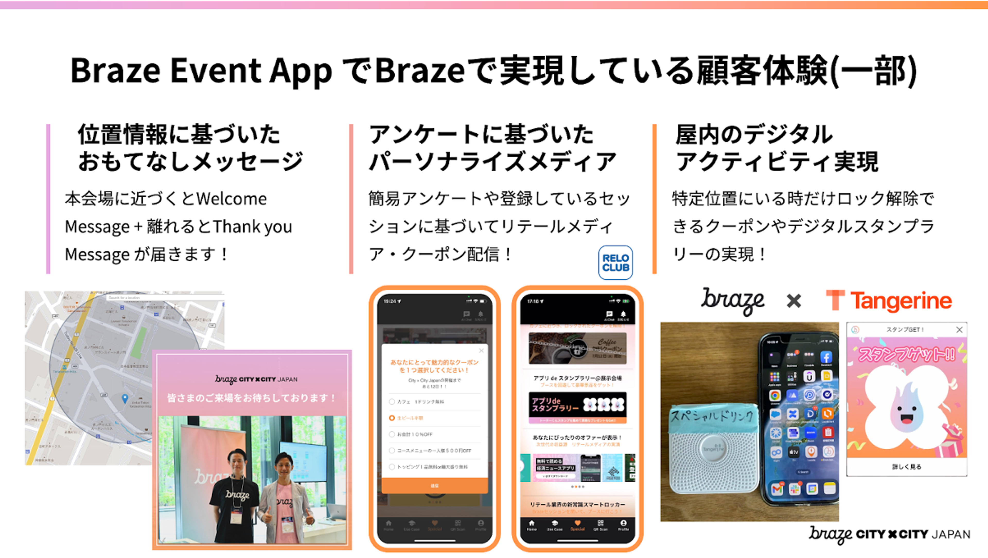 Braze Event Appを使用した顧客体験の一部を示す画像。位置情報メッセージやアンケートに基づくパーソナライズメディアが含まれています。
