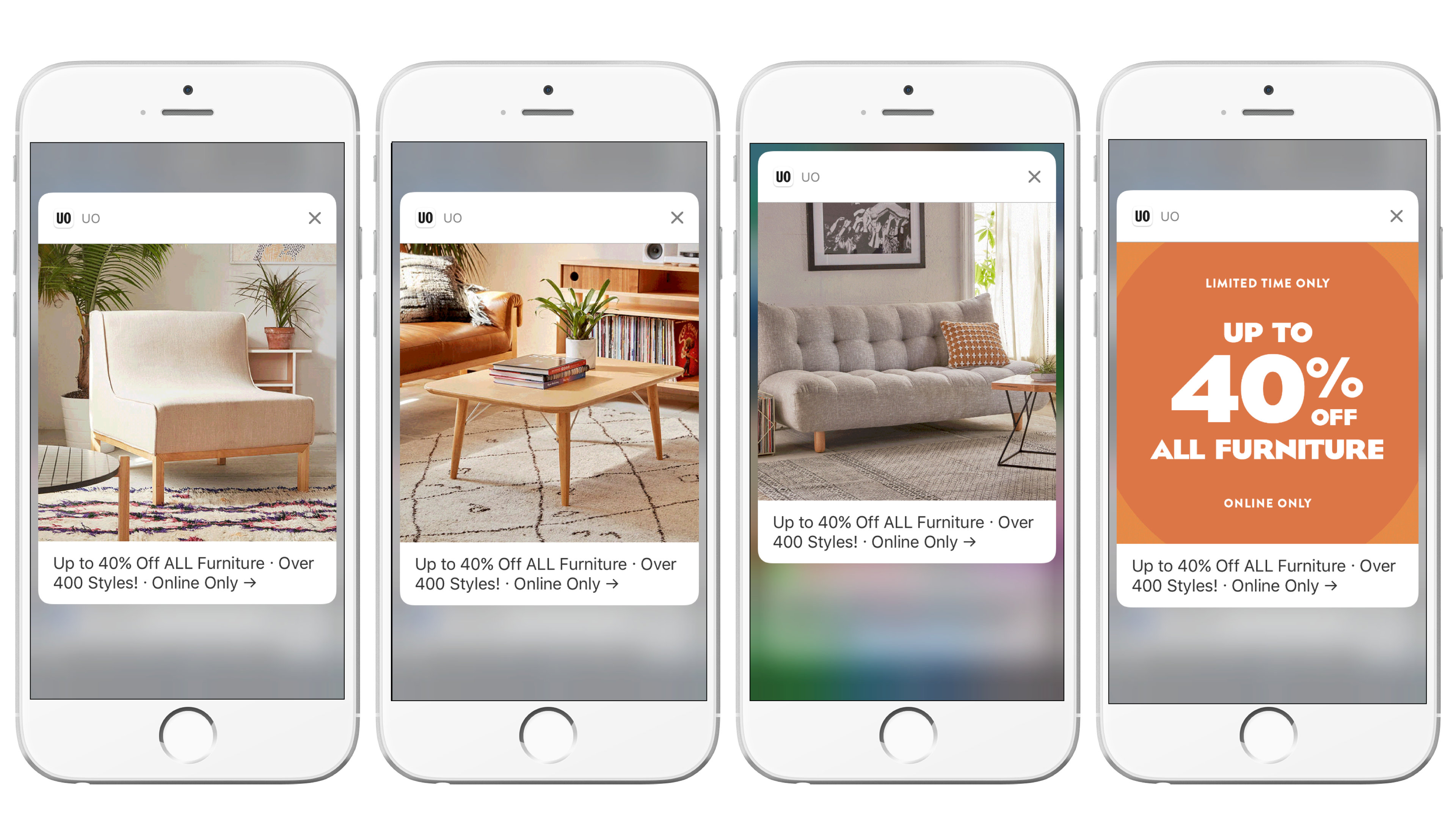 Four smartphone screens displaying advertisements for furniture sales, featuring various furniture items and promotional text highlighting discounts of up to 40% off.