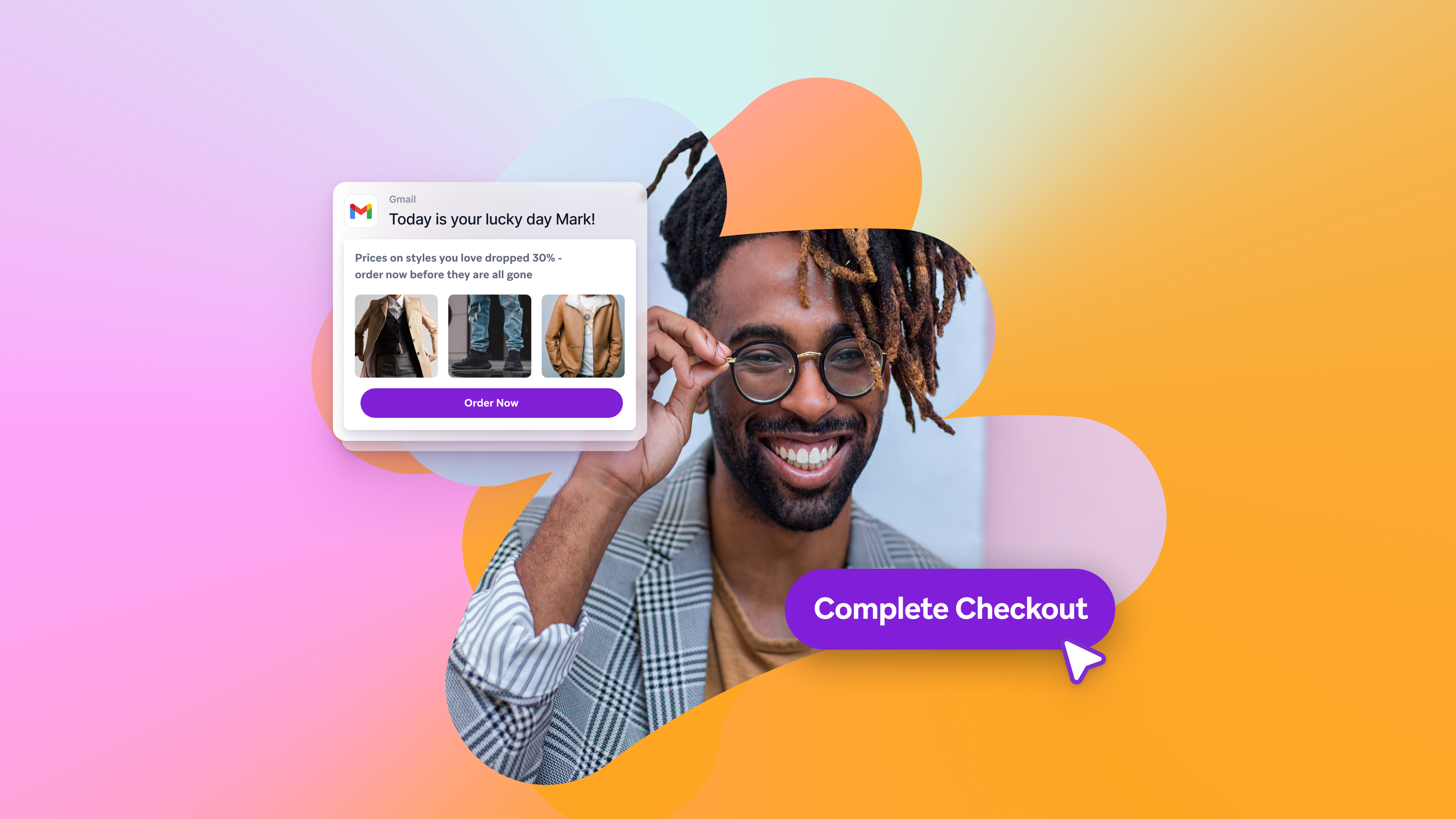 a man with dreadlocks is smiling in front of a complete checkout button