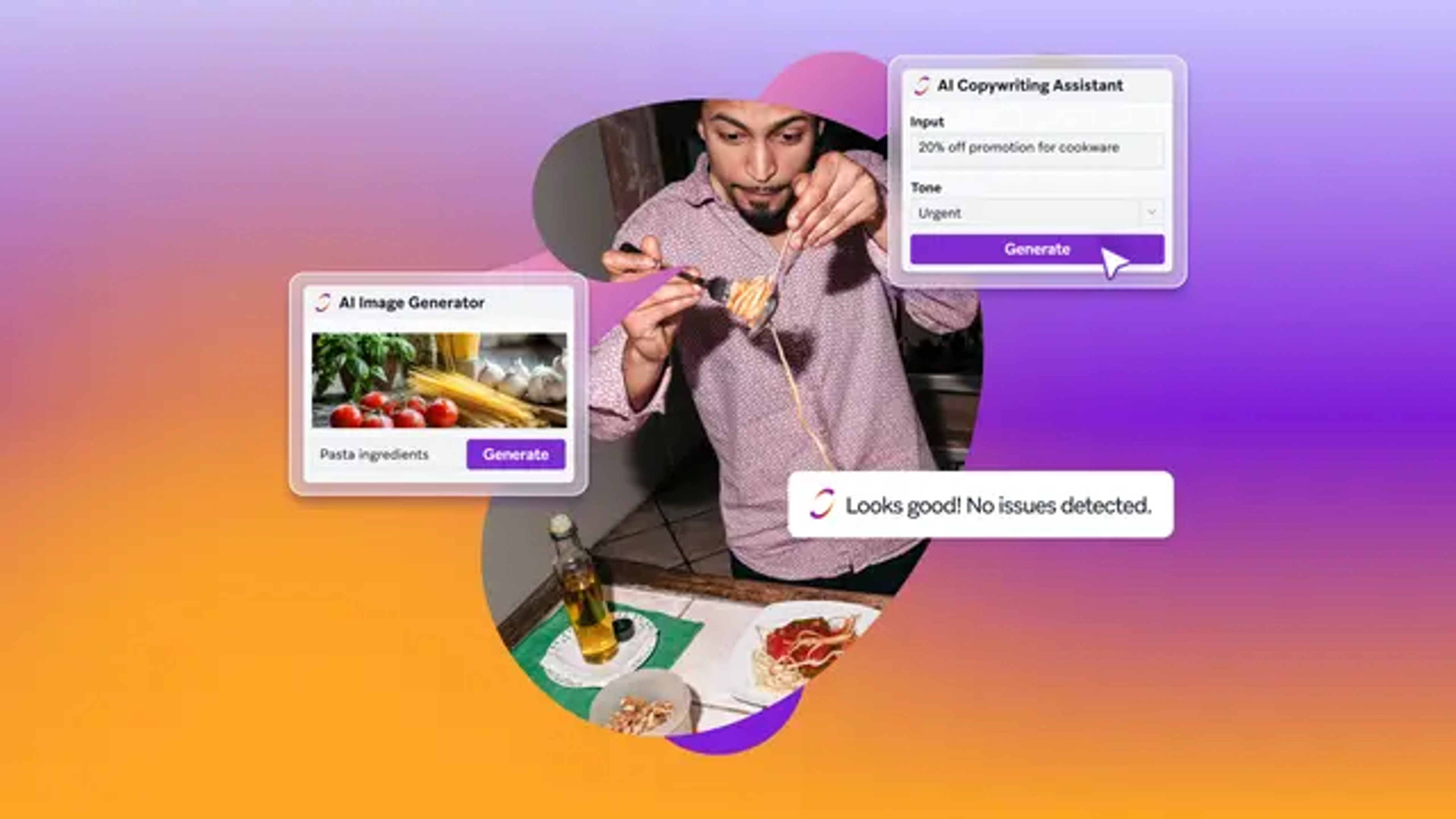 Um homem comendo macarrão com um fundo roxo, com uma mensagem que diz que nenhum problema foi detectado