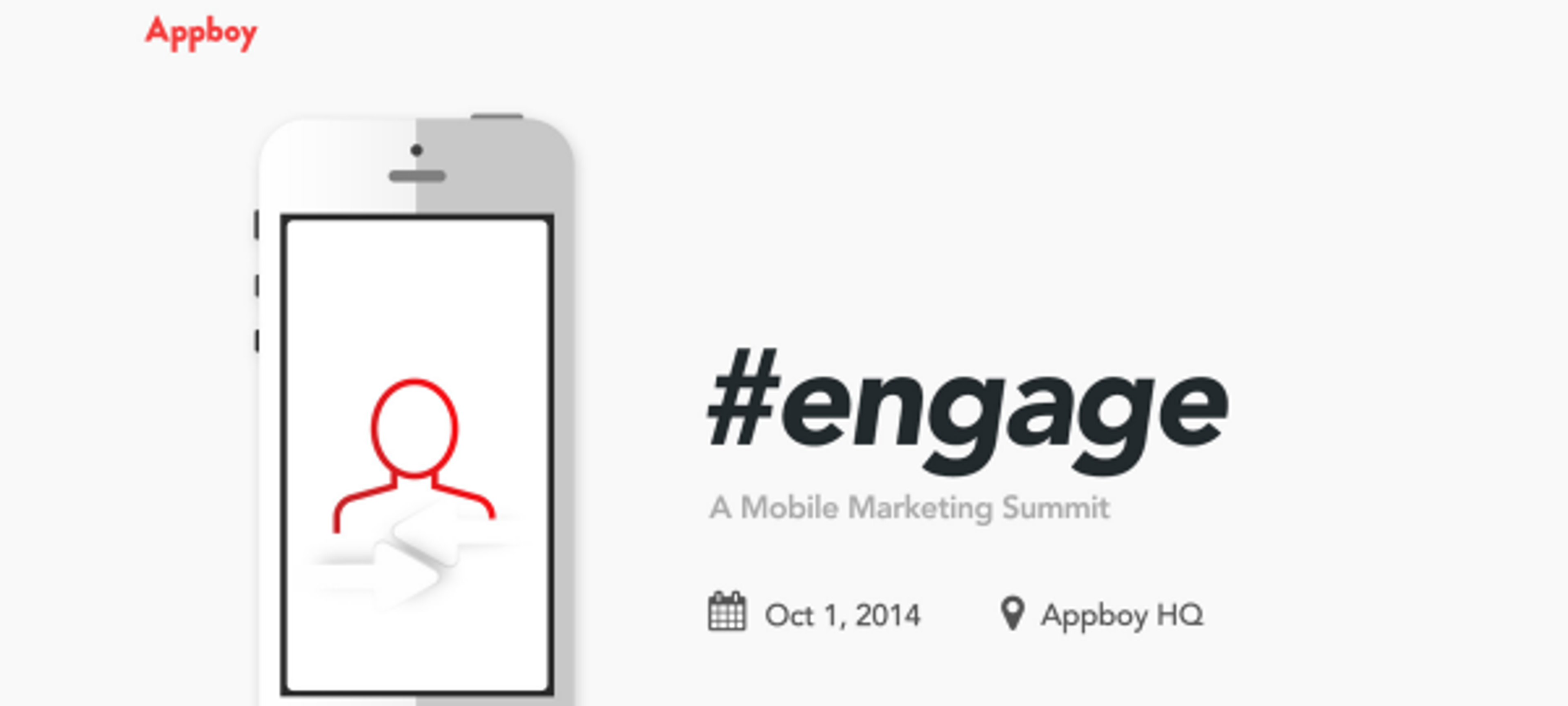 A promotional graphic for the #engage Mobile Marketing Summit by Appboy, featuring a smartphone outline and event details. The date is October 1, 2014, at Appboy HQ.