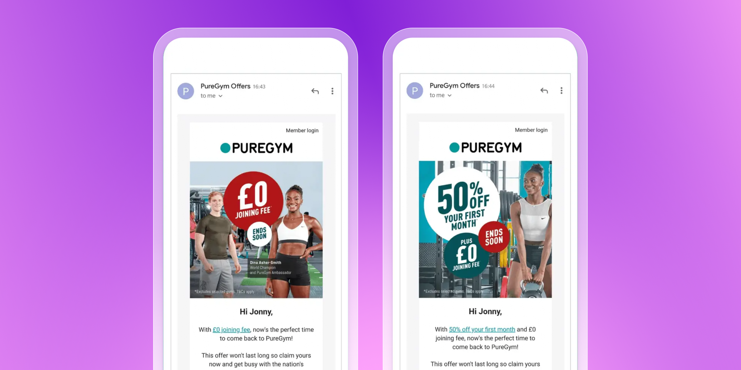Two mobile phones displaying PureGym email offers for gym memberships, one with "£0 joining fee" and the other with "50% off first month + £0 joining fee".
