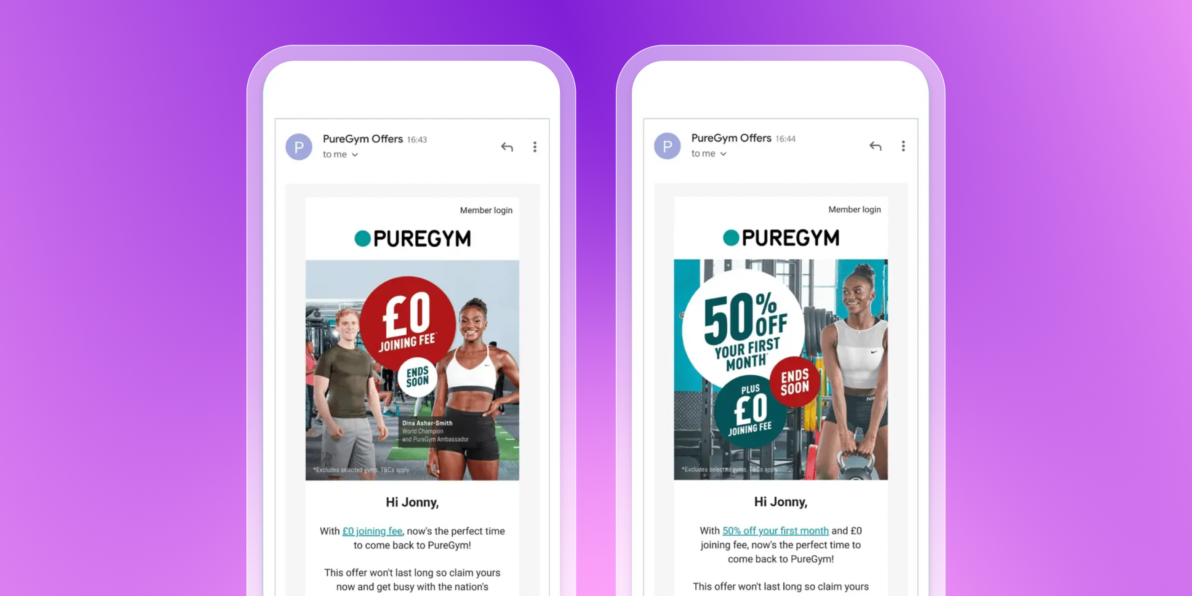 Two mobile phones displaying PureGym email offers for gym memberships, one with "£0 joining fee" and the other with "50% off first month + £0 joining fee".
