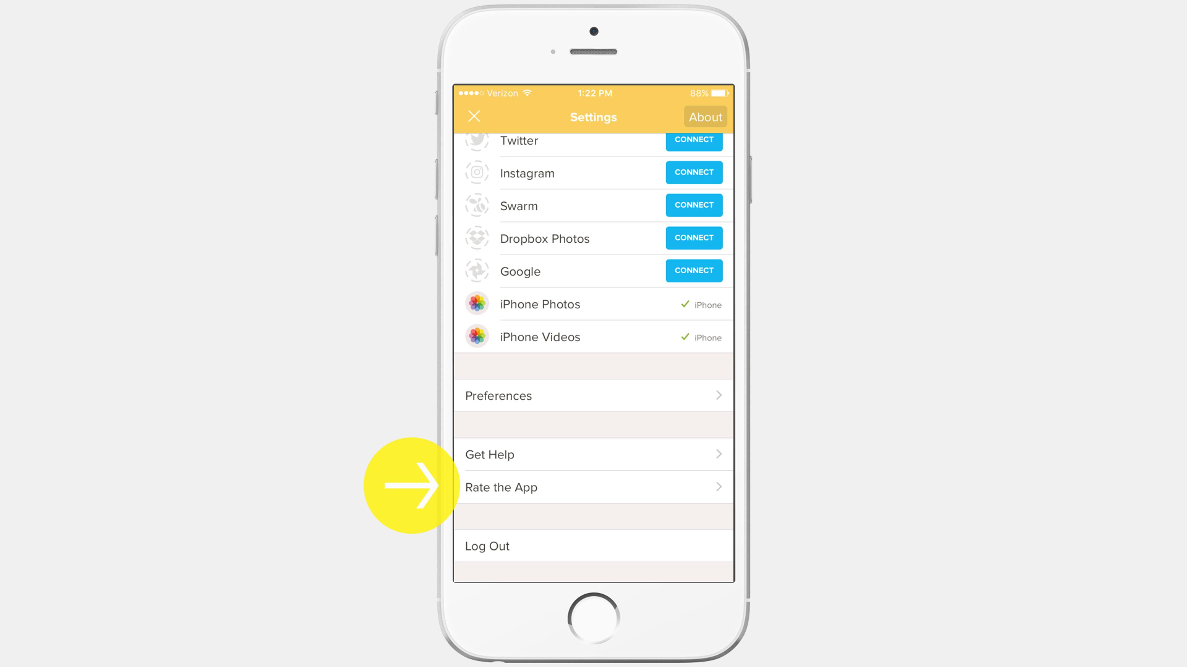 A smartphone screen displaying app settings with options to connect to various social media and cloud services. An arrow points to the "Rate the App" button at the bottom.