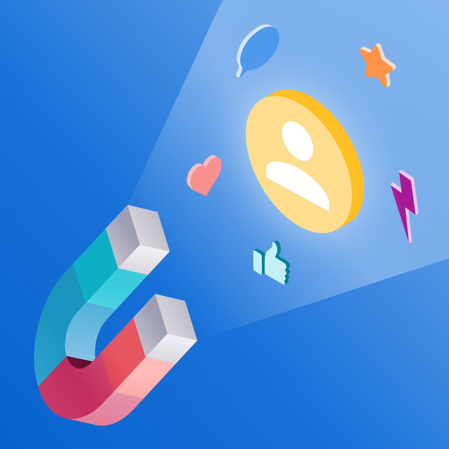 A colorful magnet attracting various icons, including a user silhouette, heart, thumbs up, star, and speech bubble, against a blue background.