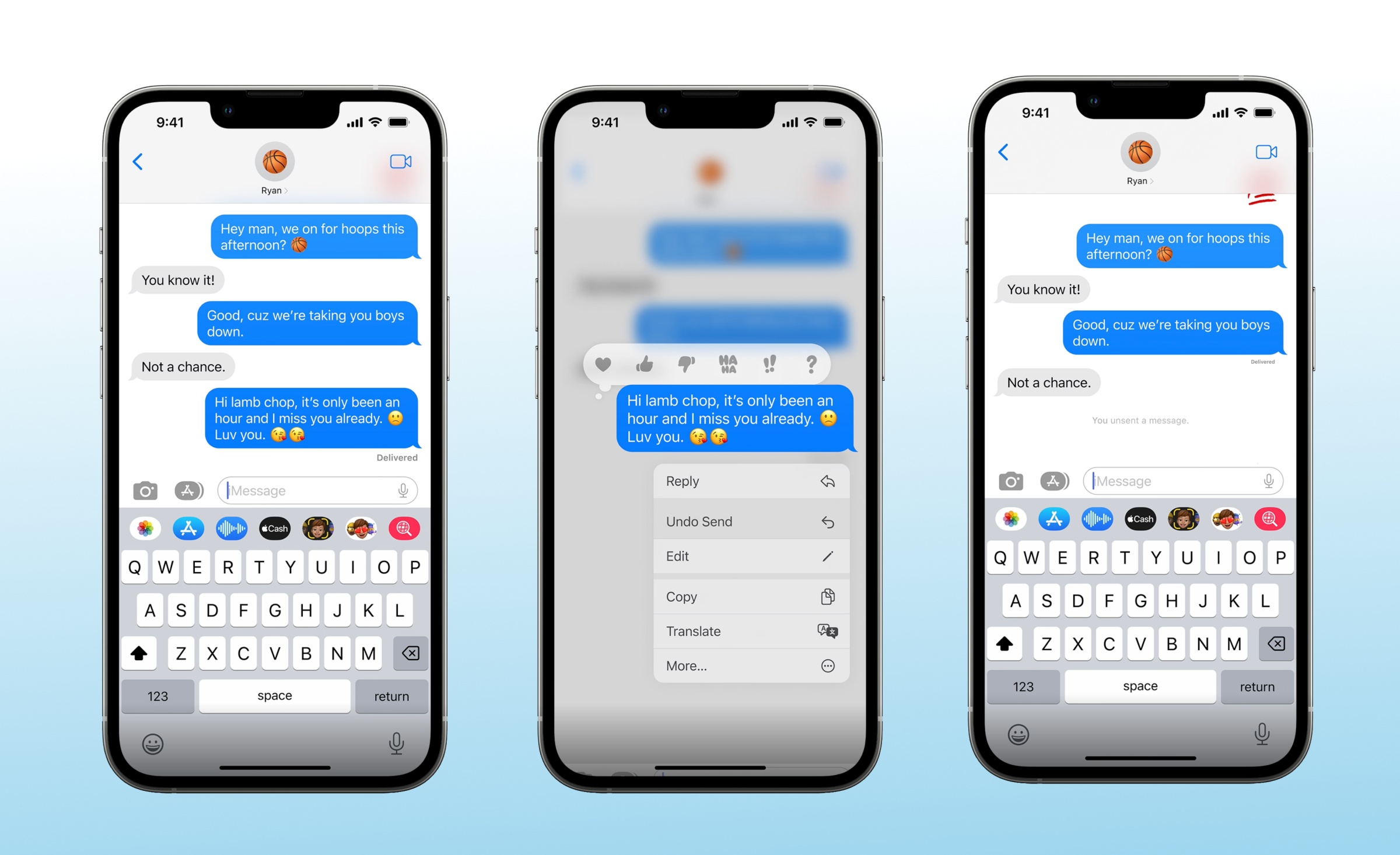 Three smartphone screens displaying a text conversation between two friends discussing plans for the afternoon. The messages include playful banter and emojis.