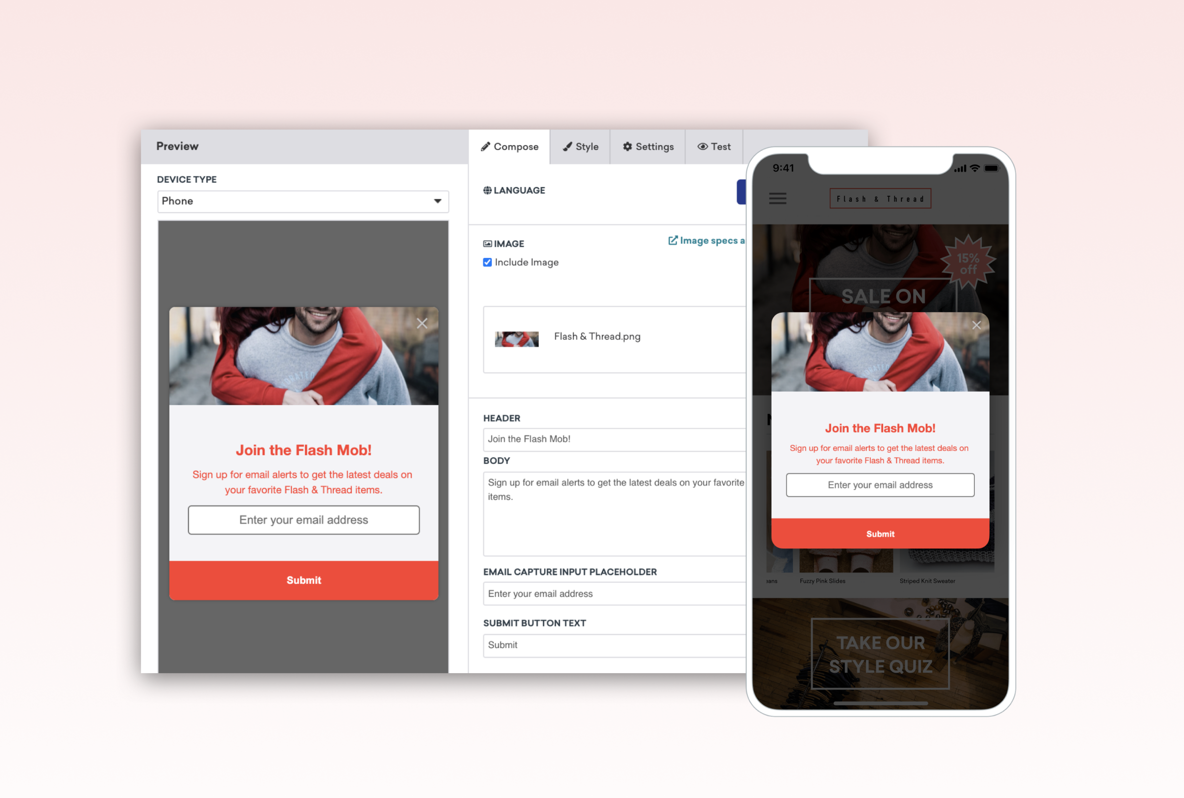 A preview of a mobile email sign-up form featuring a promotional message and a submit button. The design includes a red and white color scheme with a call to action.
