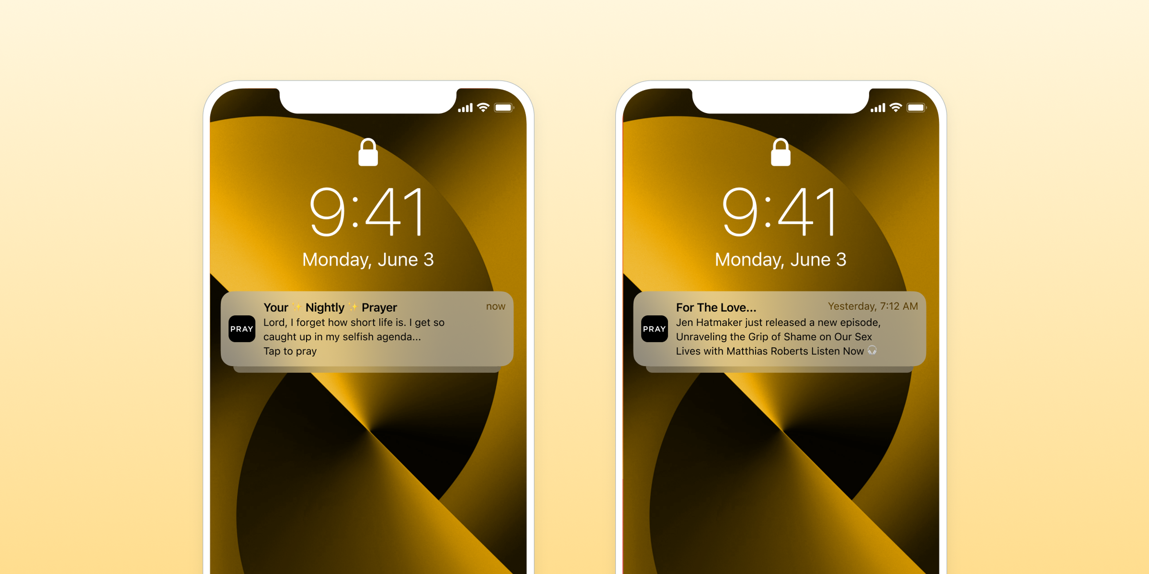 Two smartphones displaying notifications on a golden background. The left phone shows a reminder for nightly prayer, while the right phone announces a new podcast episode.