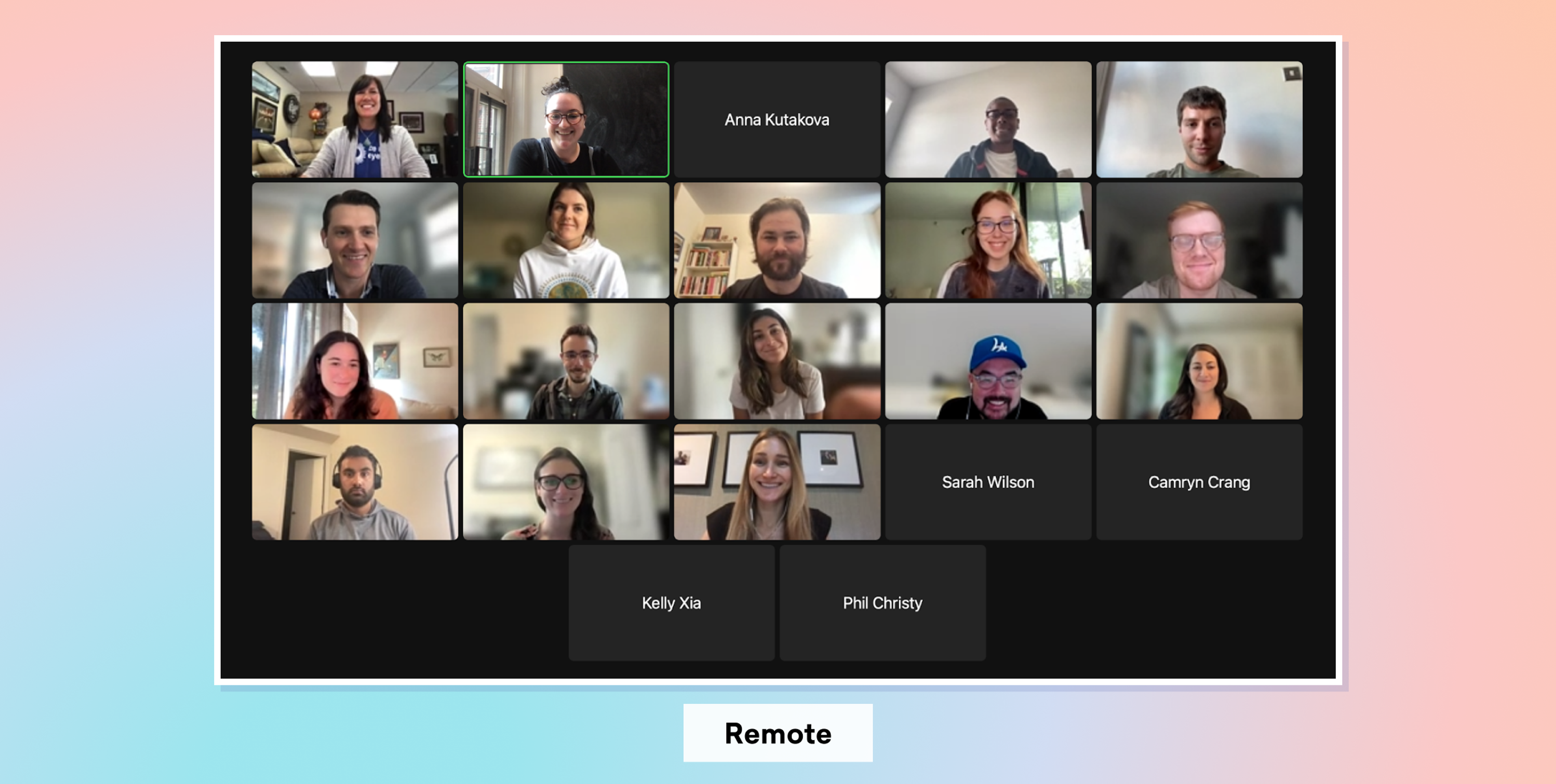 A grid of 16 participants in a video conference call, with a mix of smiling faces and casual attire. The background features a gradient from pink to blue.