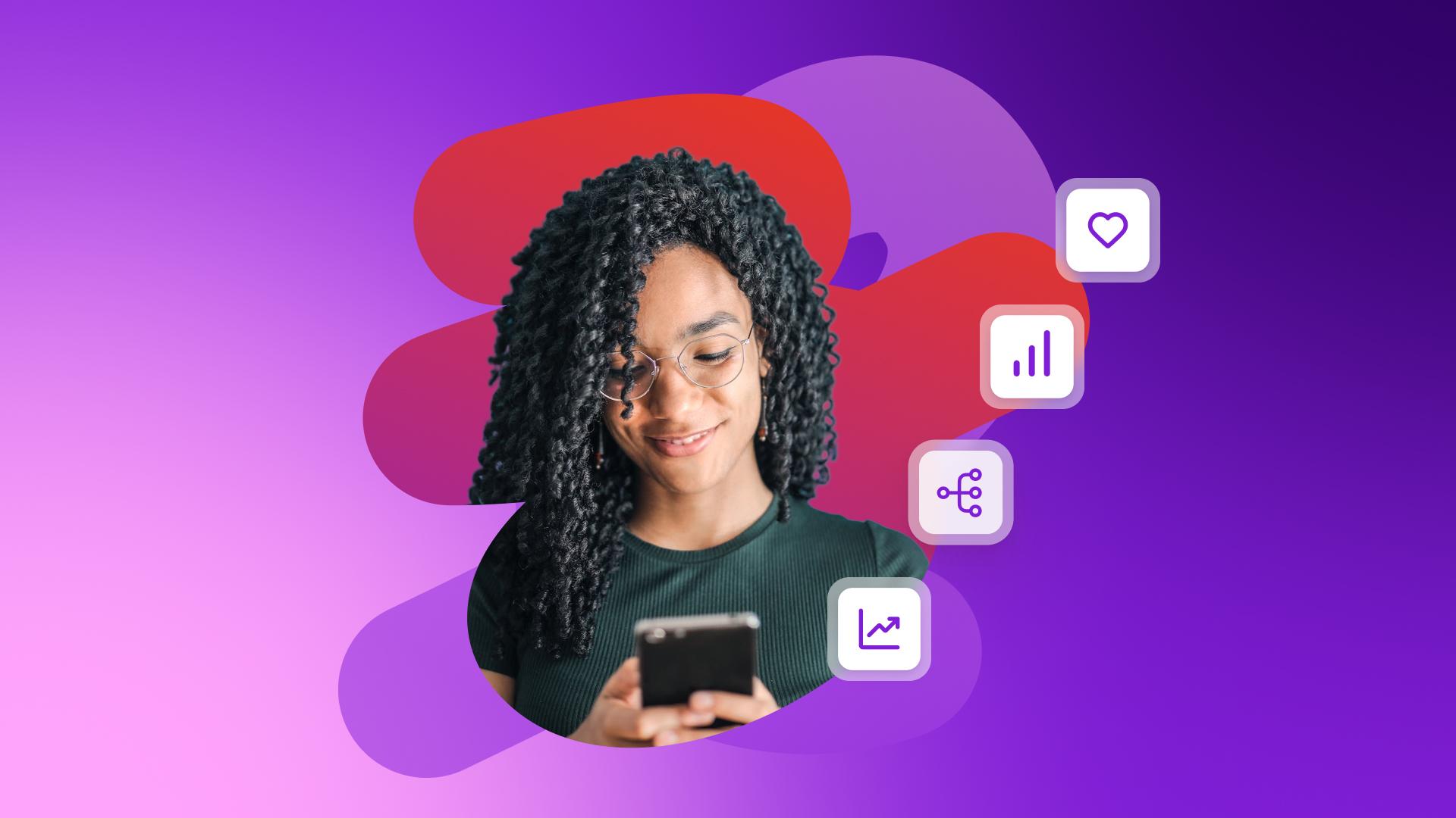 A person holding a phone surrounded by icons