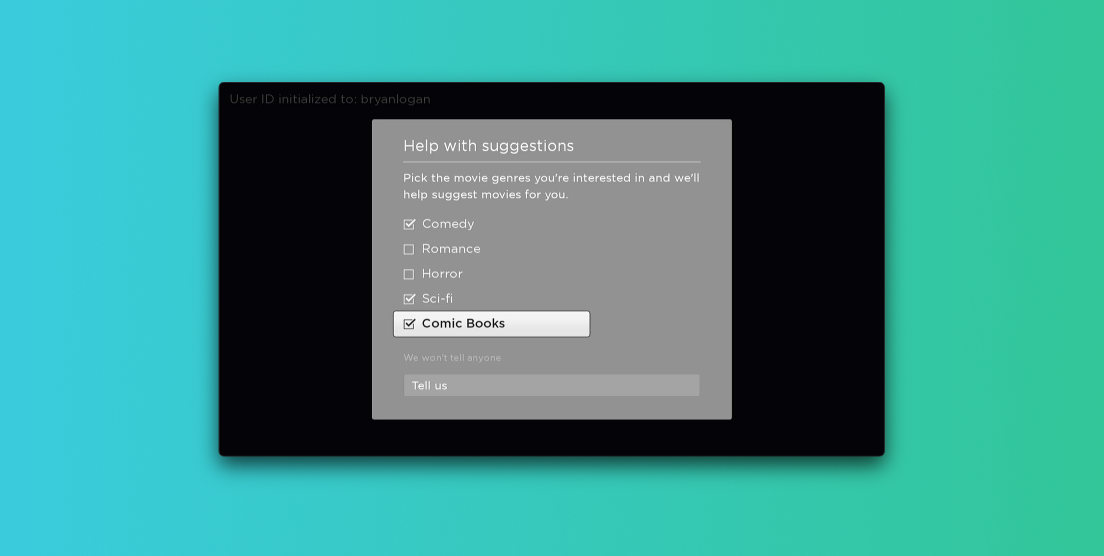 A user interface displaying a "Help with suggestions" section for movie genres. The user has selected "Comic Books" along with options for Comedy, Romance, Horror, and Sci-Fi.