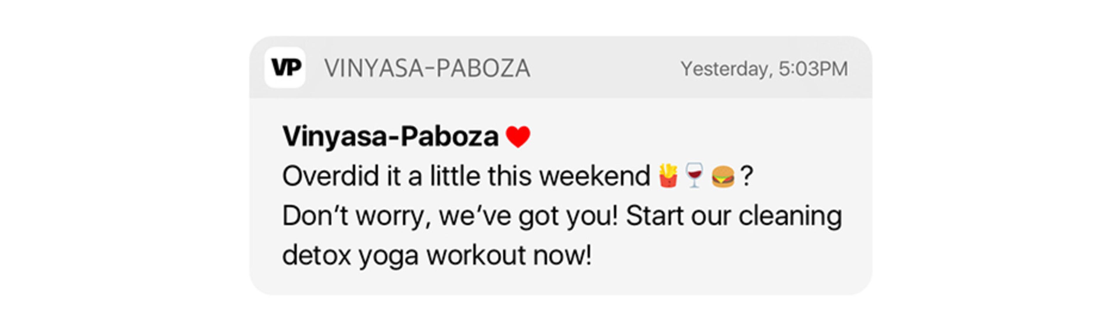 A notification message from Vinyasa-Paboza promoting a cleaning detox yoga workout for the weekend. It includes emojis of a hand and drinks.