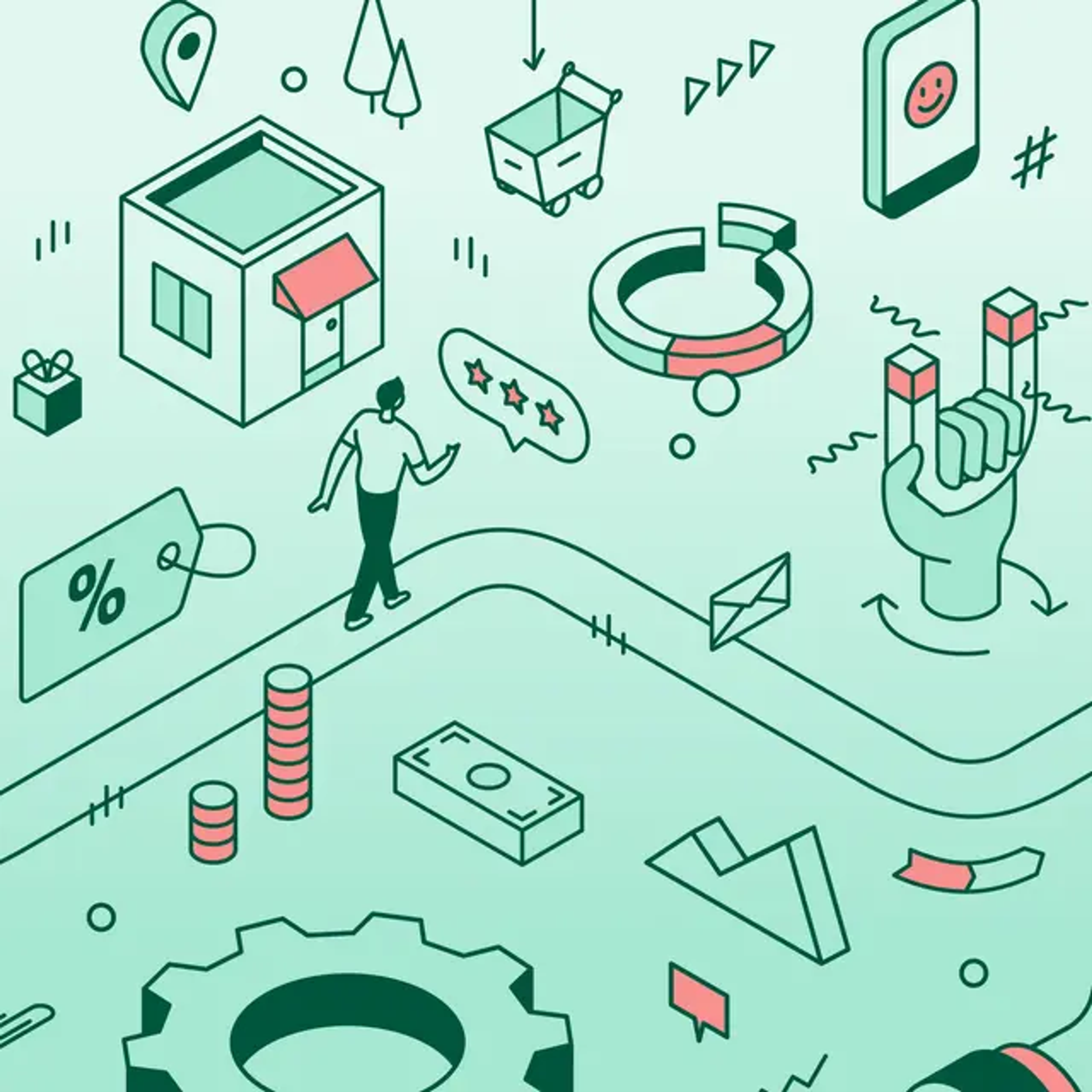 Ilustração isométrica de conceitos de comércio eletrônico e marketing, incluindo a jornada do cliente, compras online, avaliações e engajamento.