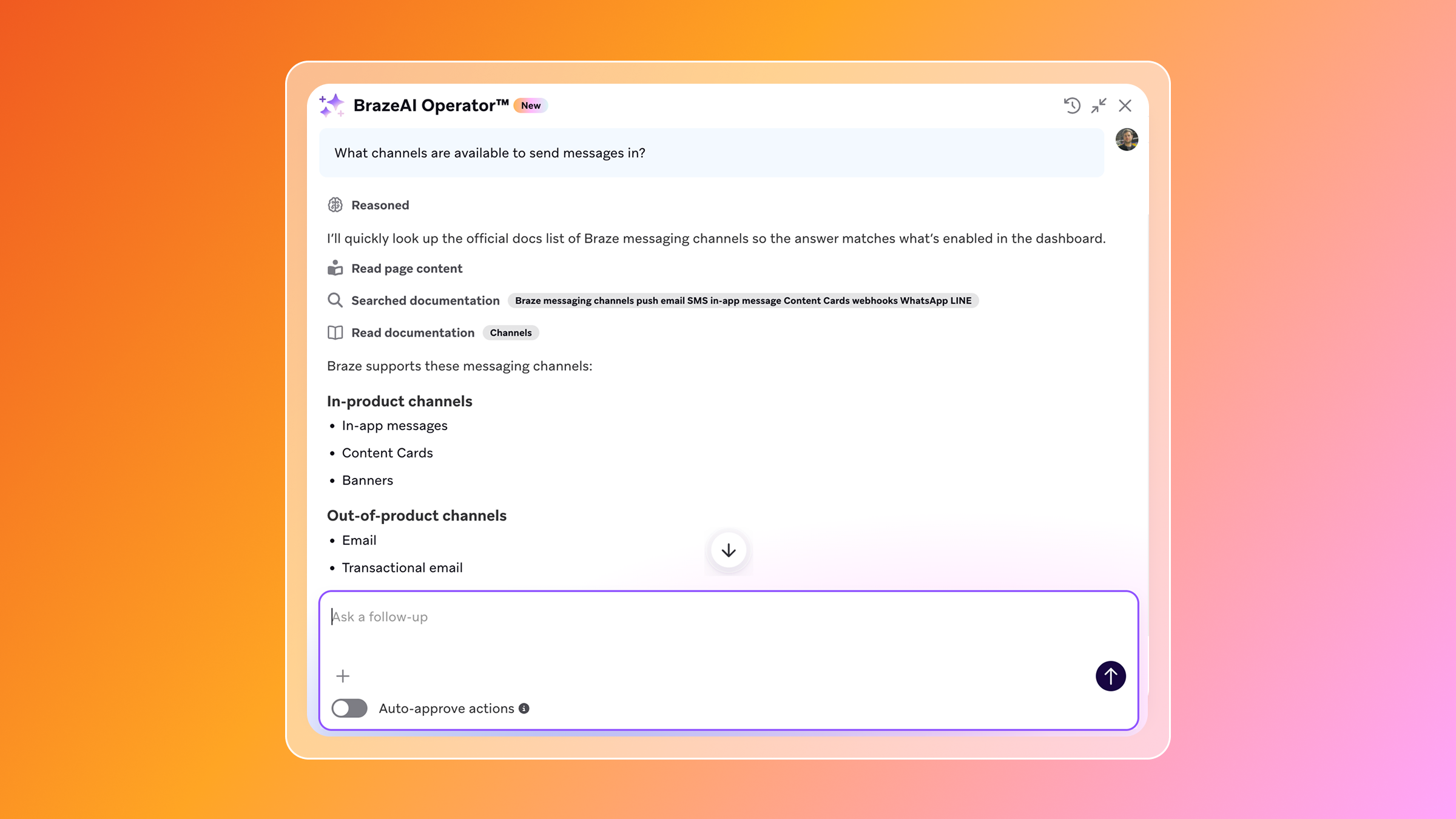 BrazeAI Operator responding to a question about channel options
