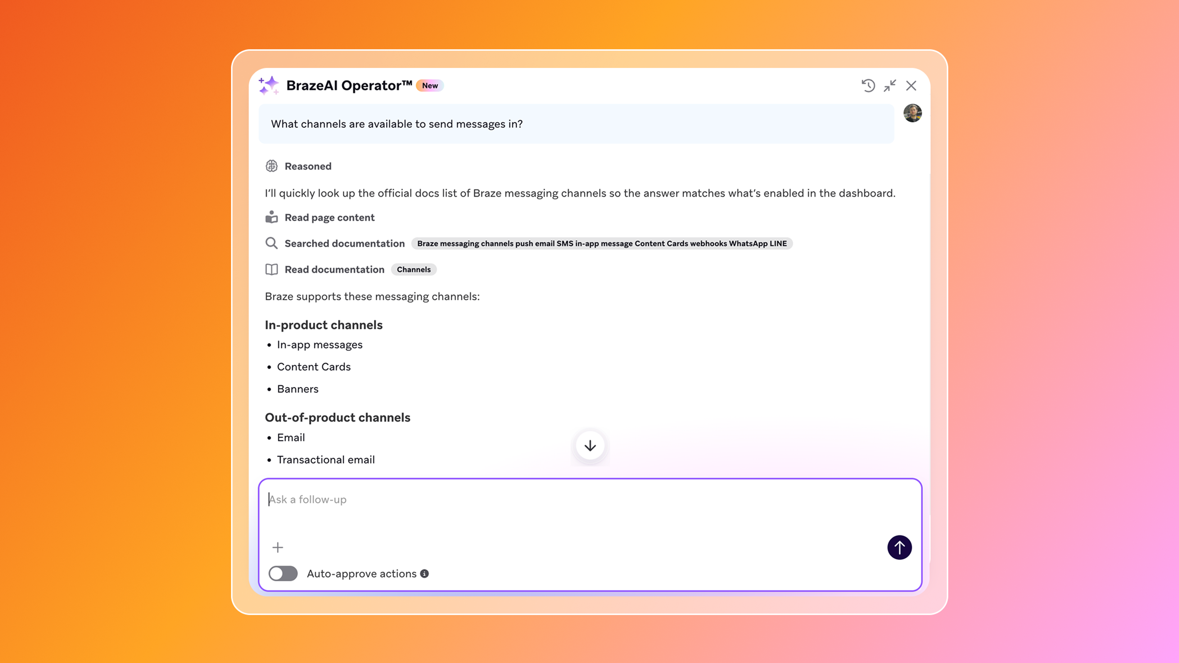 BrazeAI Operator responding to a question about channel options