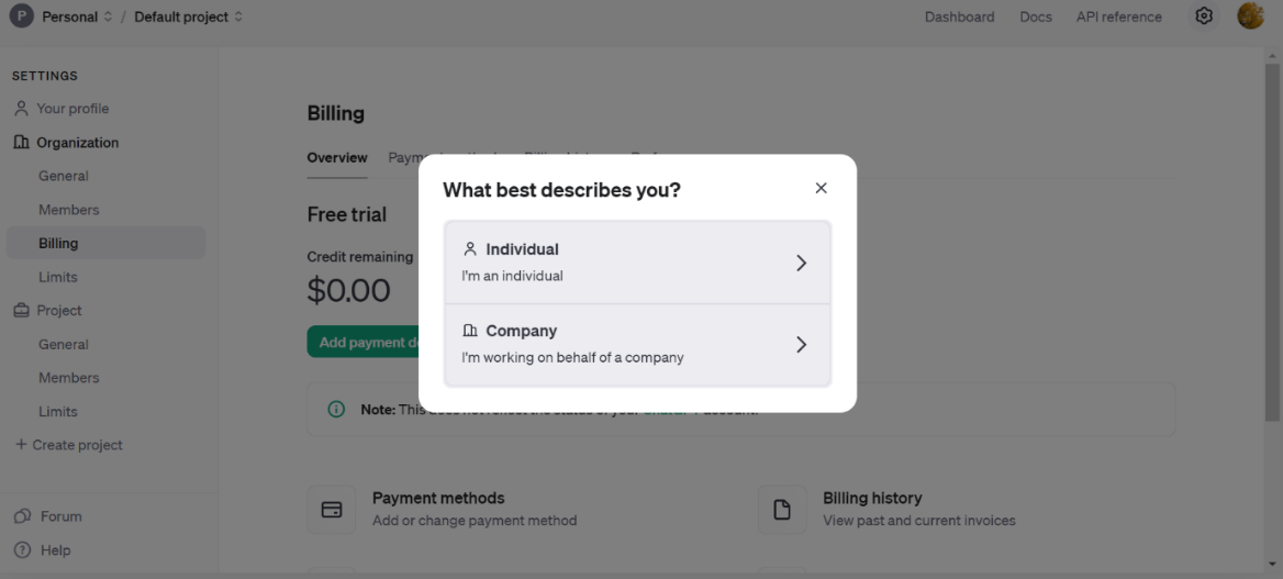 a popup window asks what best describes you