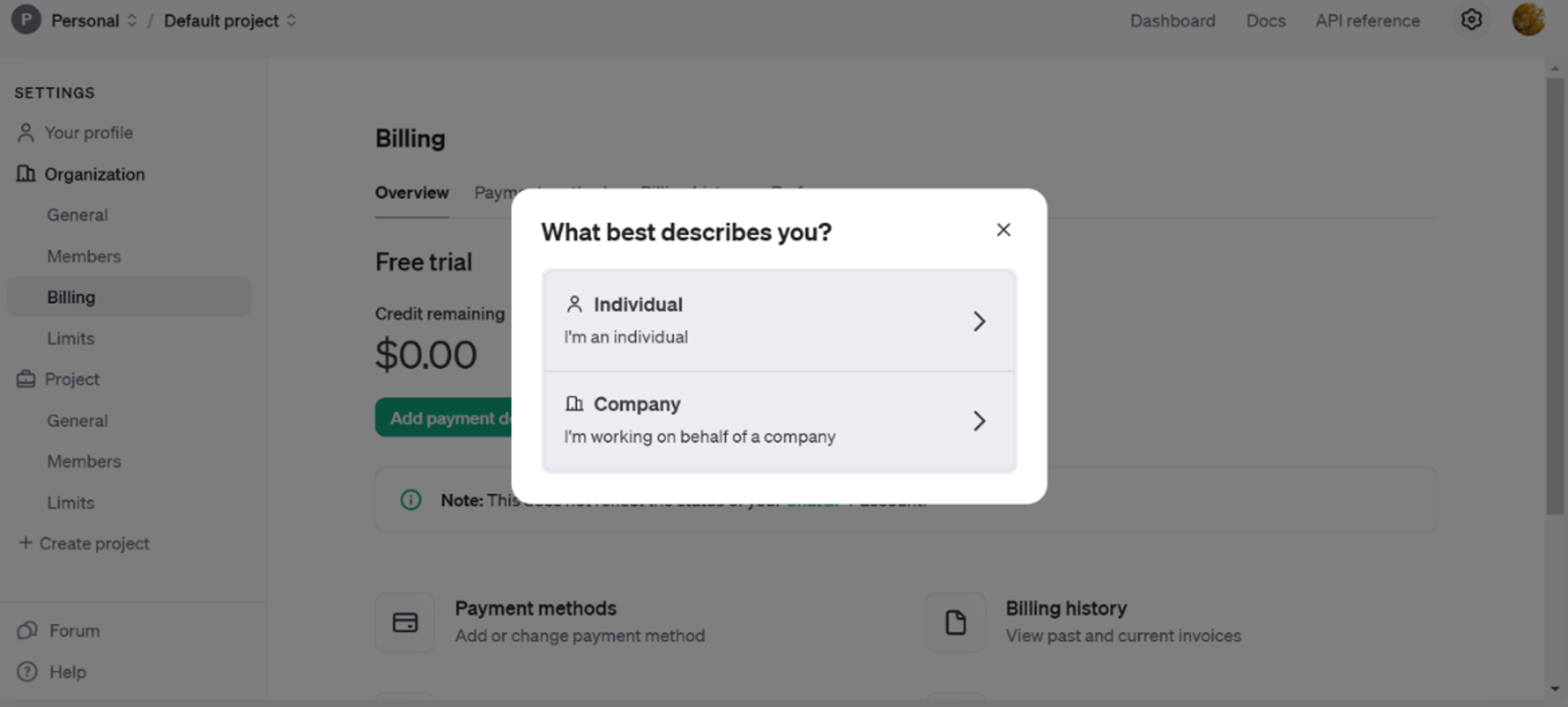 a popup window asks what best describes you