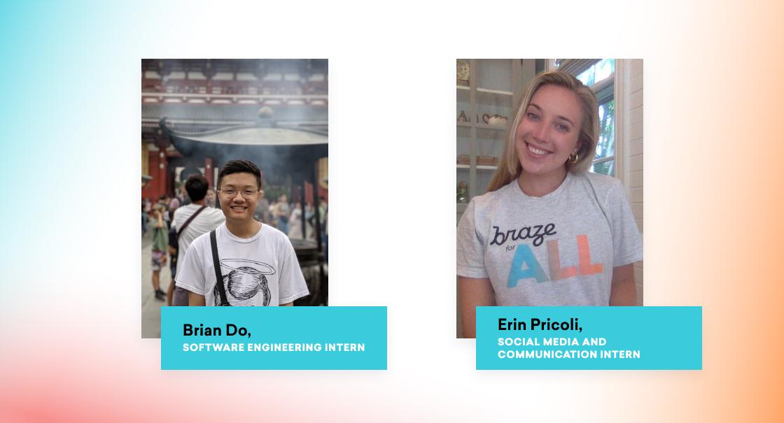 Two photos side by side: on the left, a young man smiling in a casual outfit; on the right, a young woman smiling while wearing a t-shirt. Both have labels indicating their internship roles.