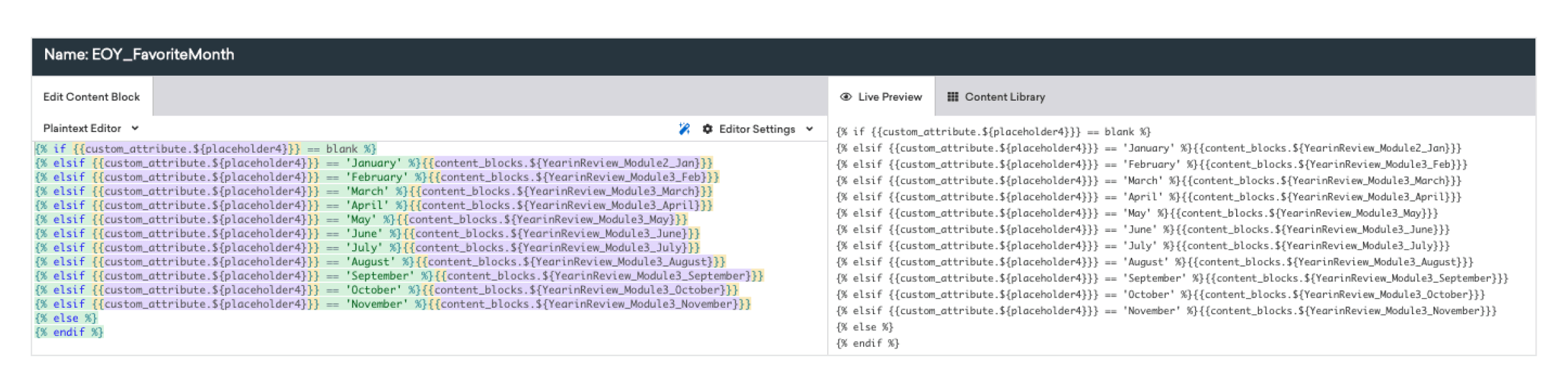 A screenshot of code showing a programming interface with highlighted syntax and various attributes related to a "Favorite Month" function. The layout includes sections for planned actions and live previews.