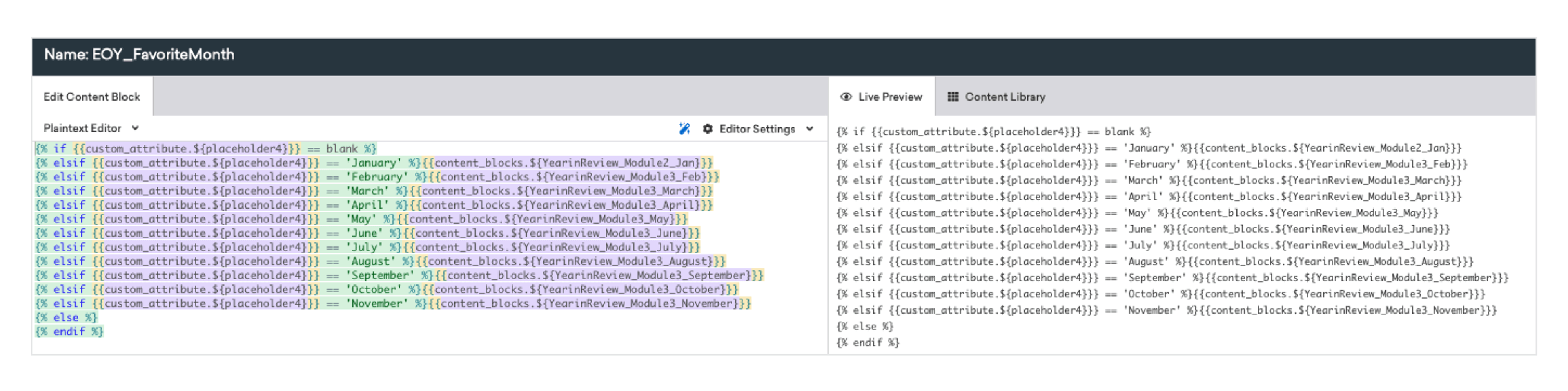 A screenshot of code showing a programming interface with highlighted syntax and various attributes related to a "Favorite Month" function. The layout includes sections for planned actions and live previews.