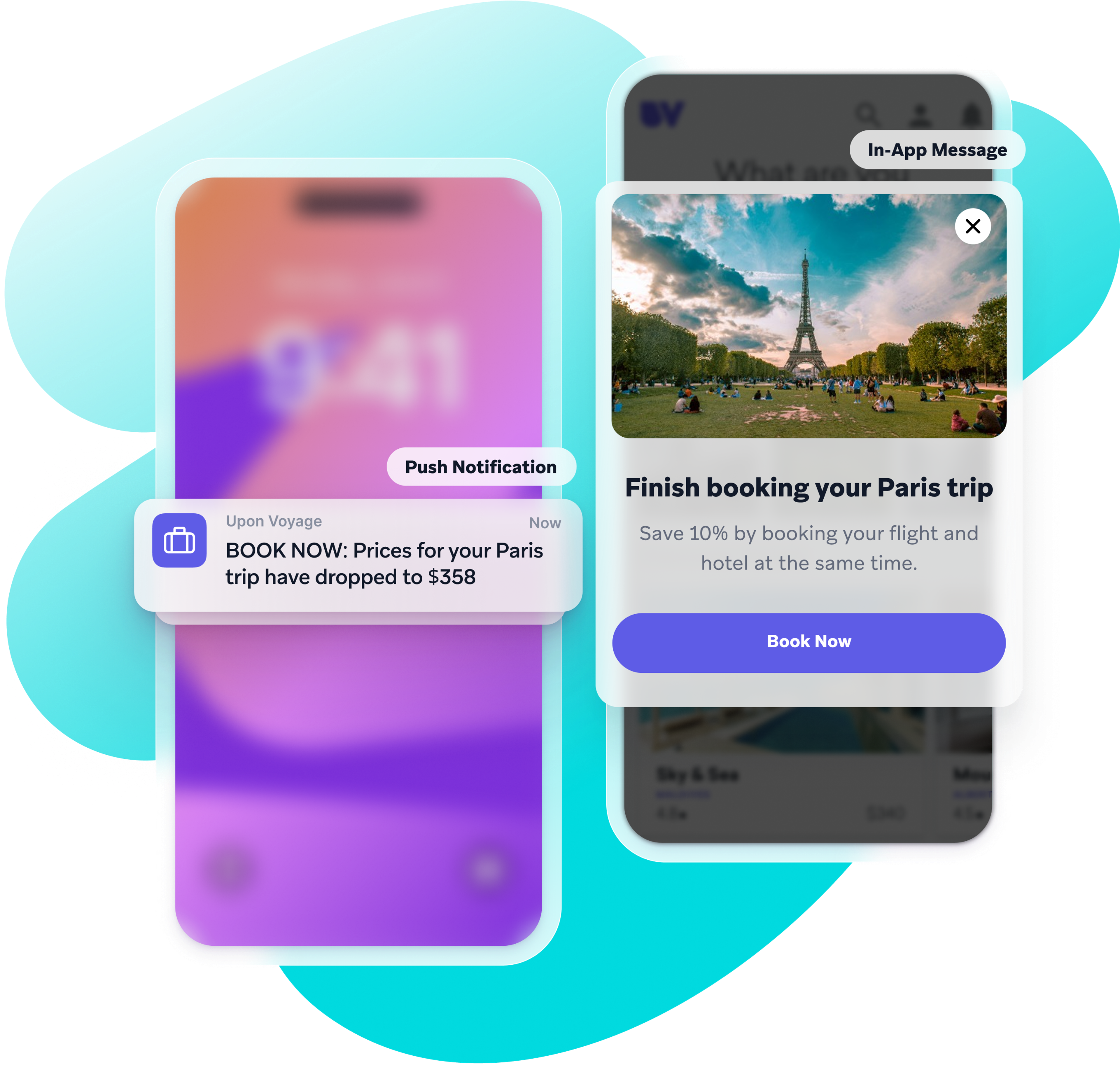 a phone with a notification that says finish booking your paris trip