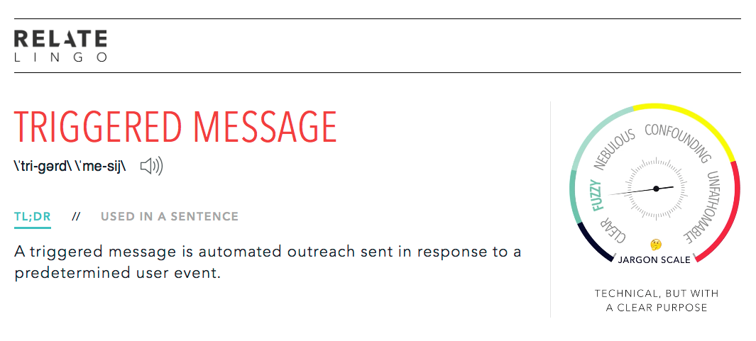 Definition of "triggered message" with an explanation of its use and a jargon scale indicating clarity.