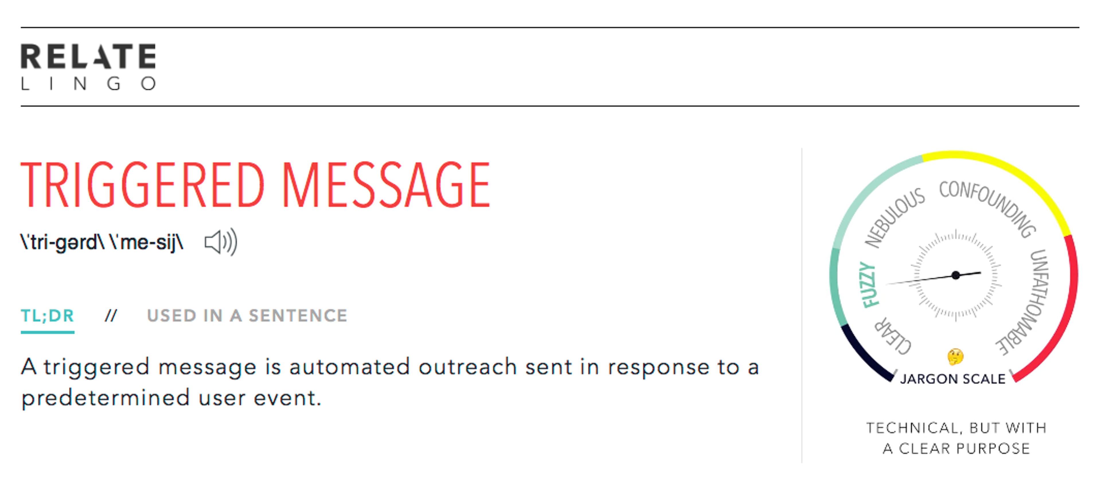 Definition of "triggered message" with an explanation of its use and a jargon scale indicating clarity.