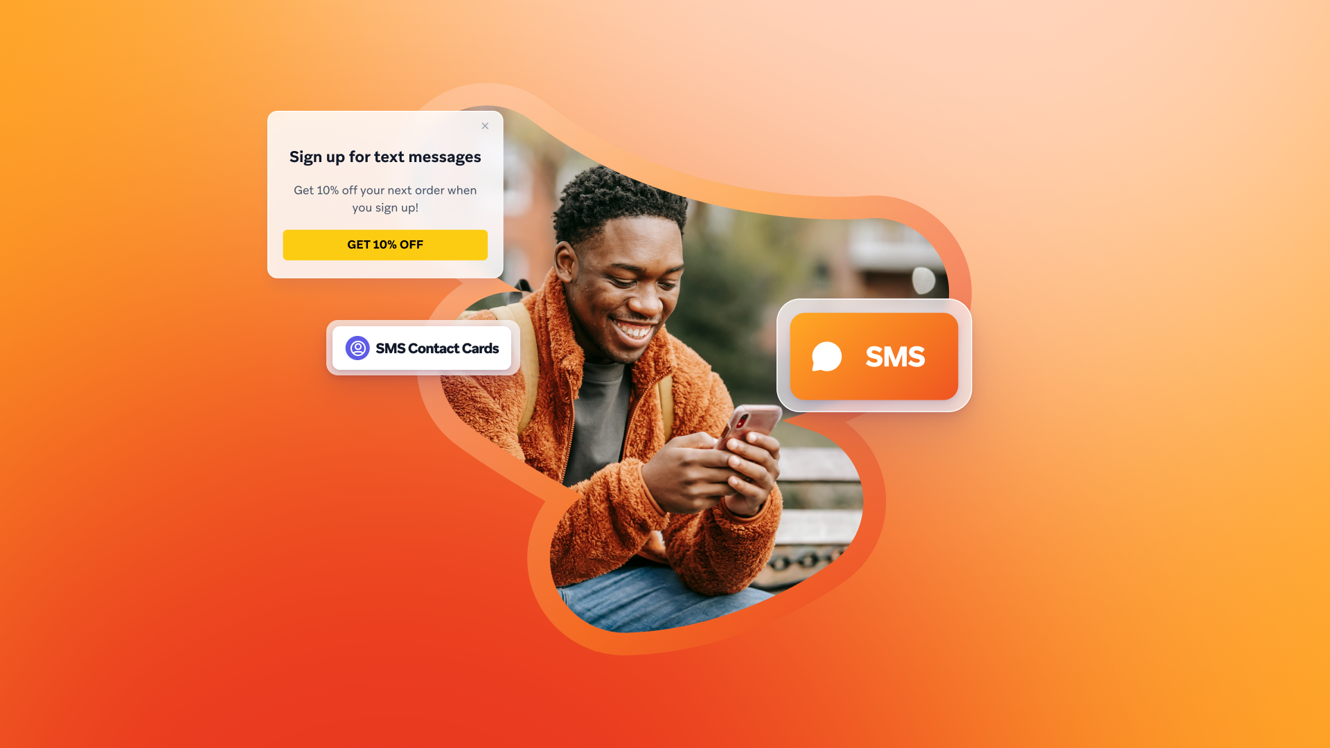 A smiling man on his phone, surrounded by pop-up windows promoting SMS messaging and offers.
