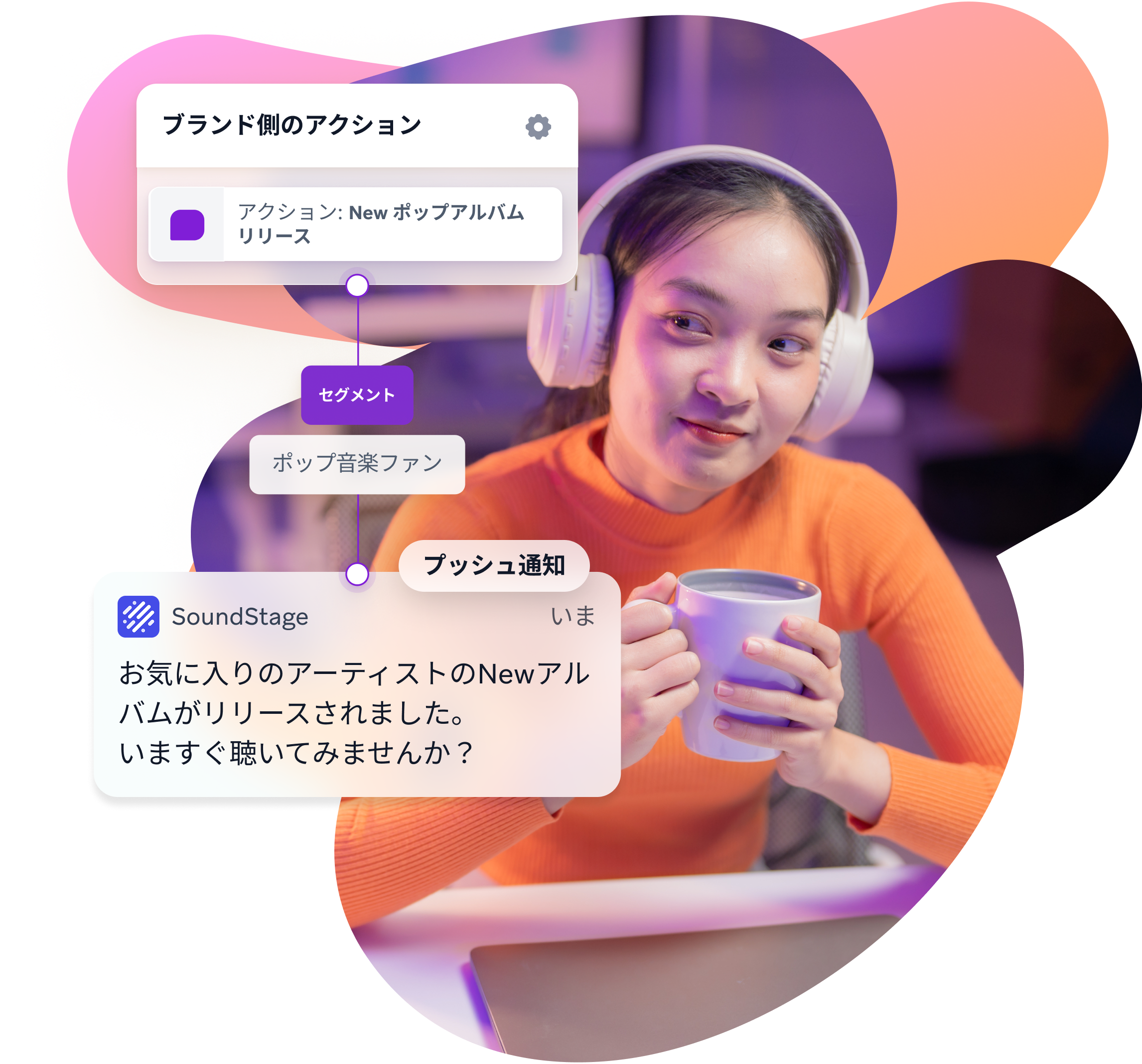 a woman wearing headphones is holding a cup of coffee