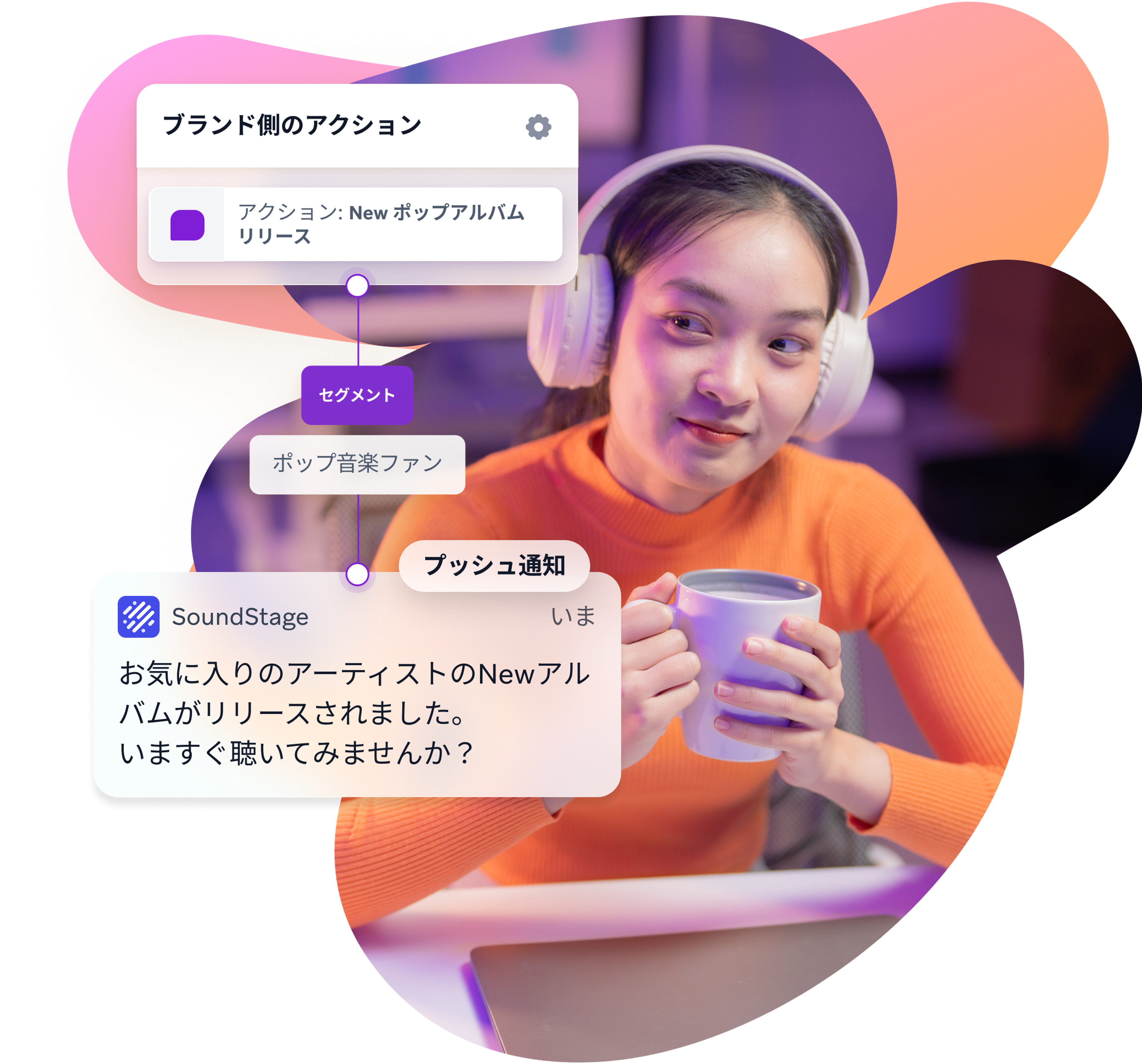 a woman wearing headphones is holding a cup of coffee