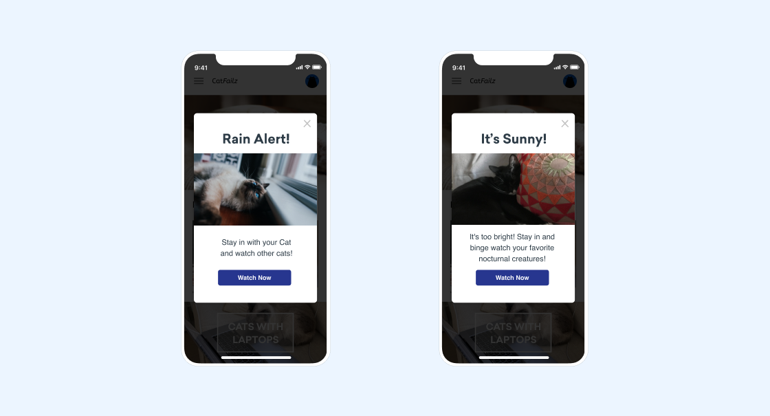 Two smartphone screens displaying weather alerts for cat owners. The left screen shows a "Rain Alert" message, while the right screen displays an "It's Sunny!" notification.