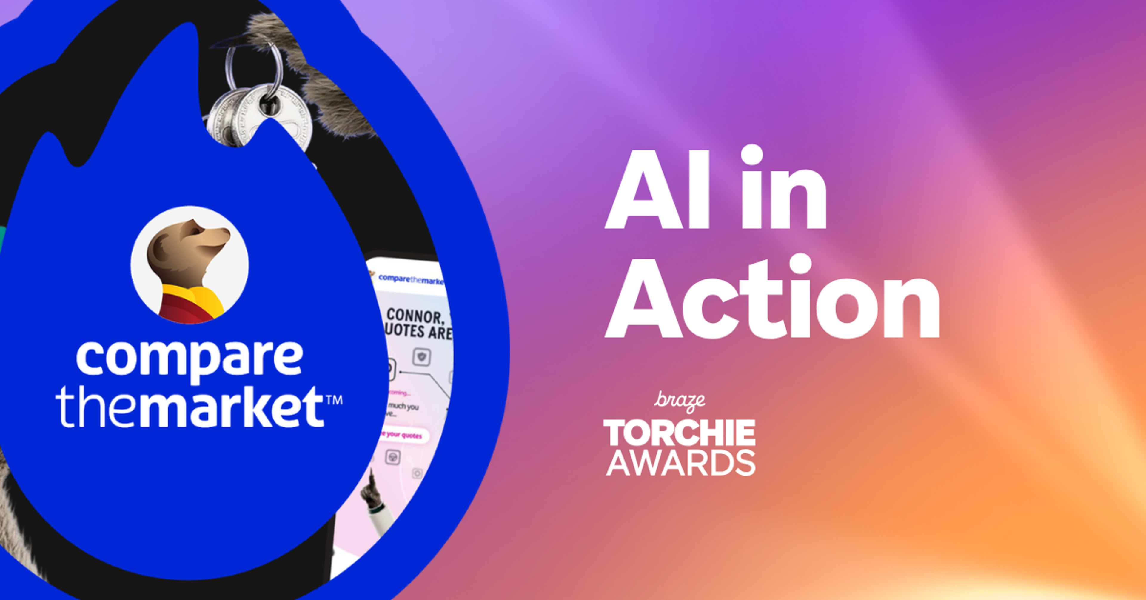 Compare the Market logo beside the text “AI in Action” and “Braze Torchie Awards” on a purple and orange gradient background.