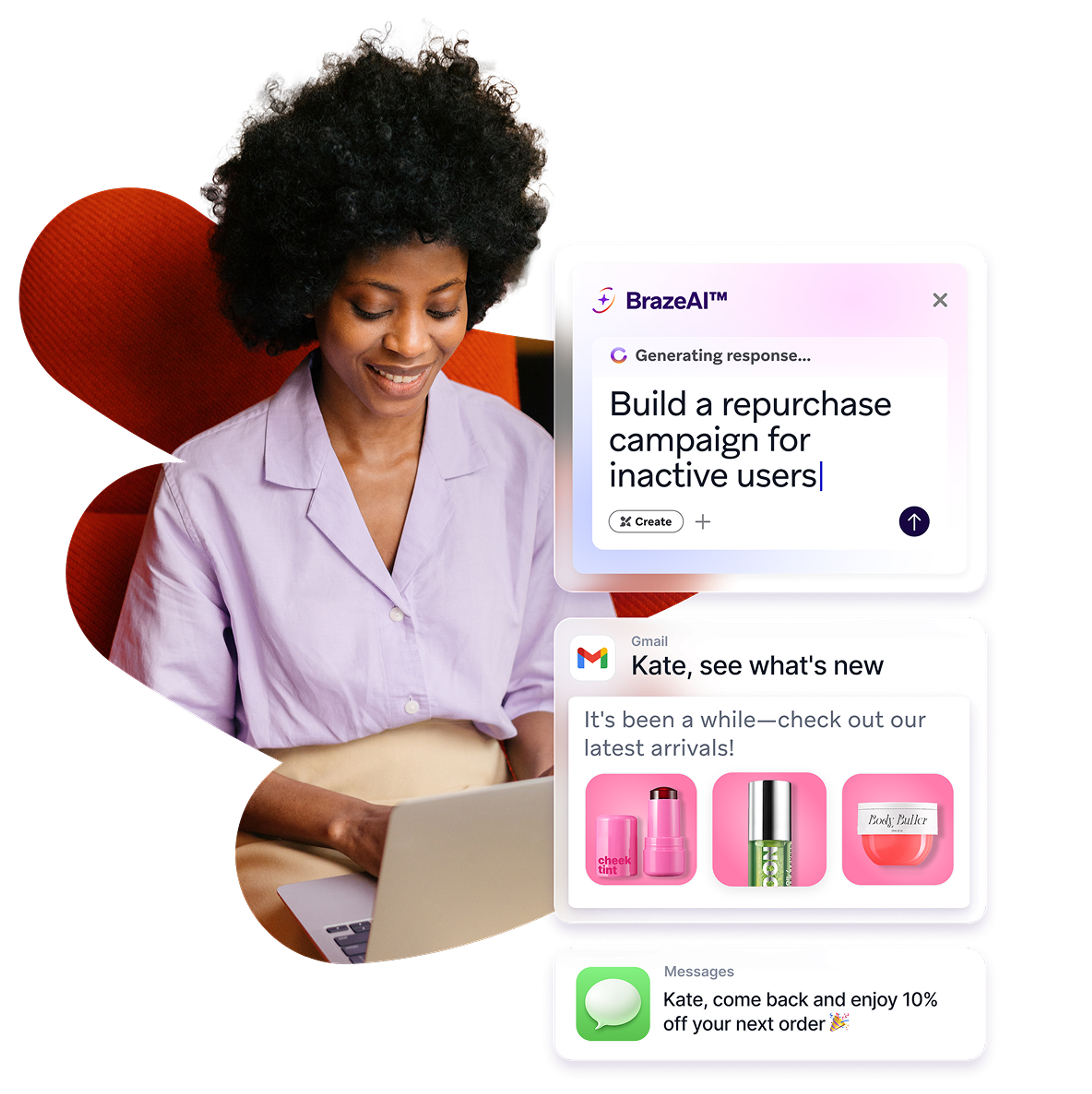 A person on a laptop views a BrazeAI assistant panel building a repurchase campaign, alongside cross-channel message previews offering a returning customer 10% off their next order.