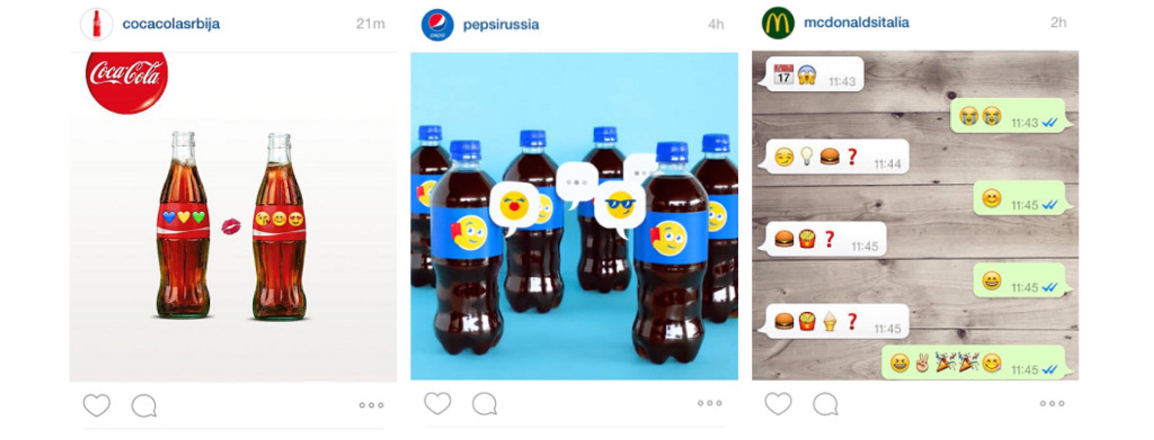 Two Coca-Cola bottles with playful emoji labels, alongside a group of similar bottles featuring emoji speech bubbles. The image also shows a chat conversation with emojis.
