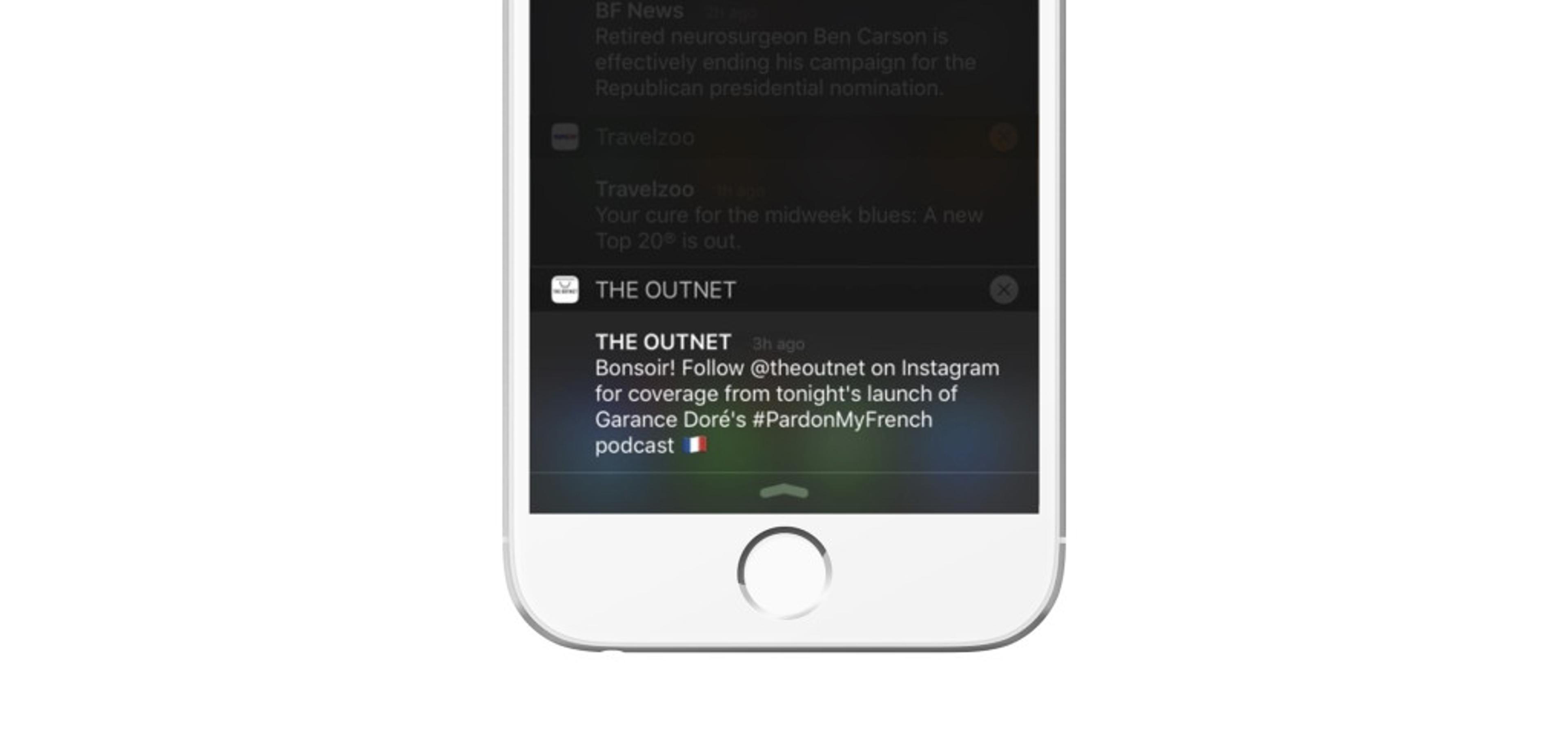 A smartphone screen displaying a notification from The Outnet about following their Instagram for coverage of a podcast launch. The notification includes a greeting in French and an Italian flag emoji.