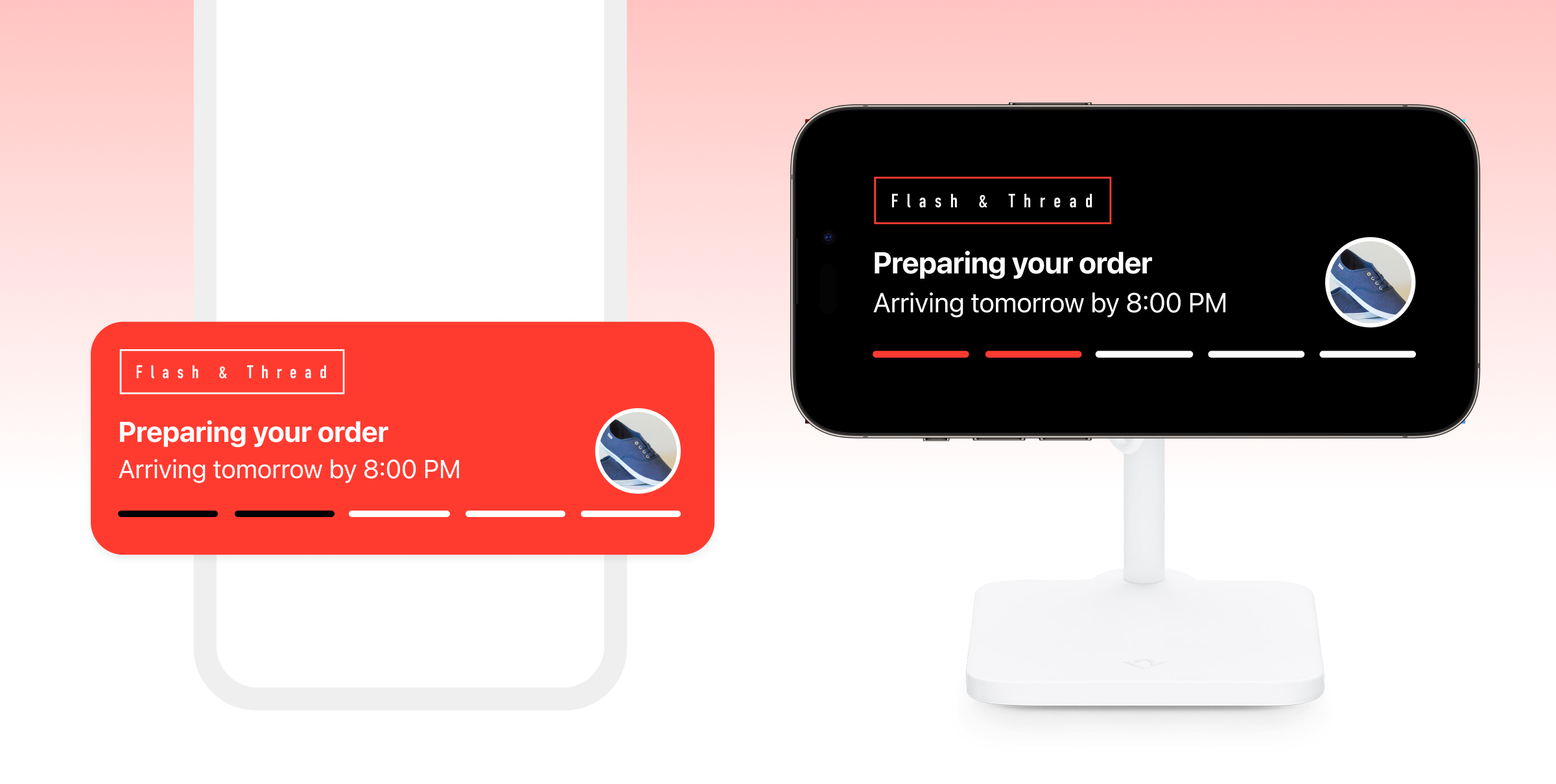 A smartphone displays a notification about an order being prepared, with an estimated arrival time of 8:00 PM. The background features a gradient from pink to white.